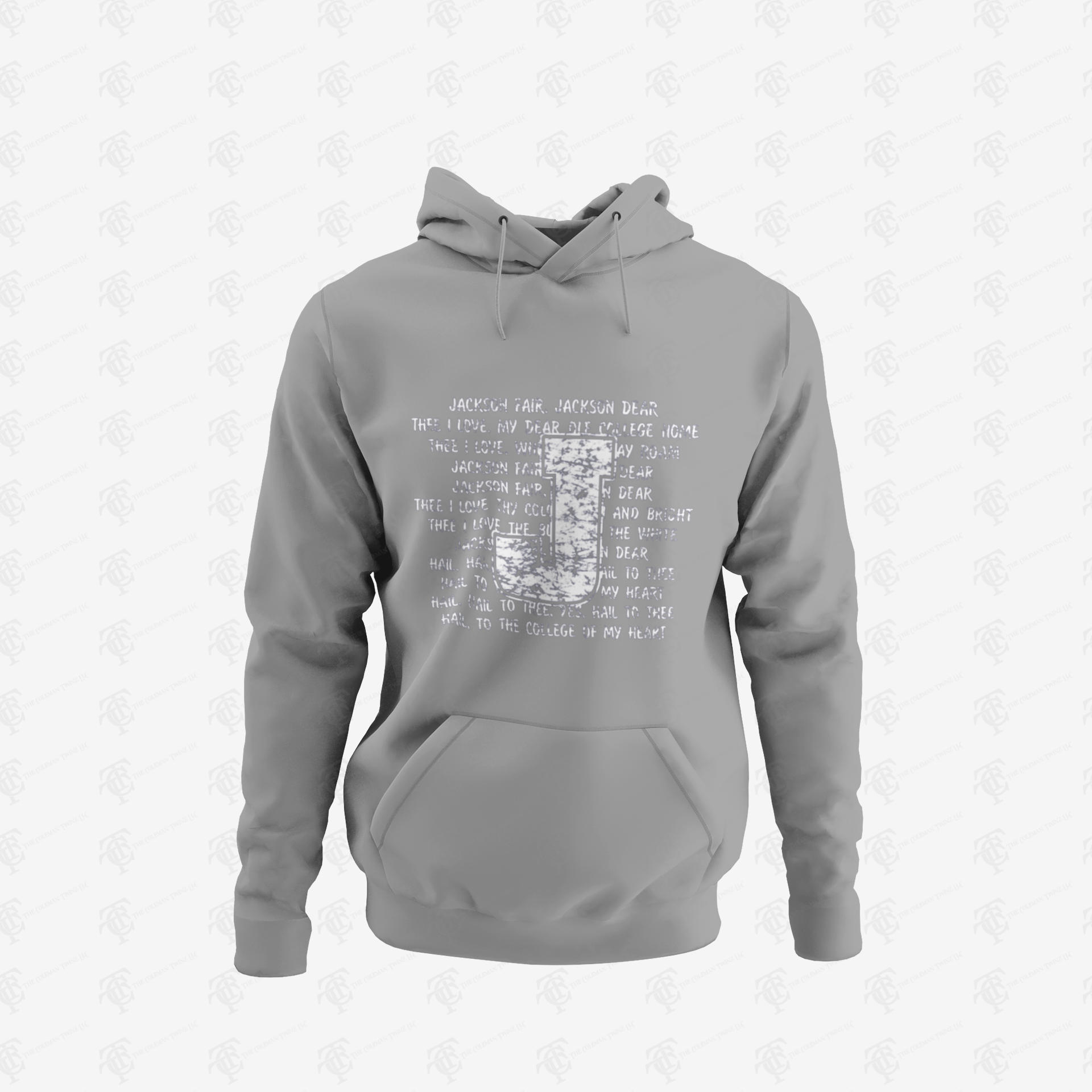 Unisex pullover hoodie, light gray with front text graphic; hood and pouch pocket