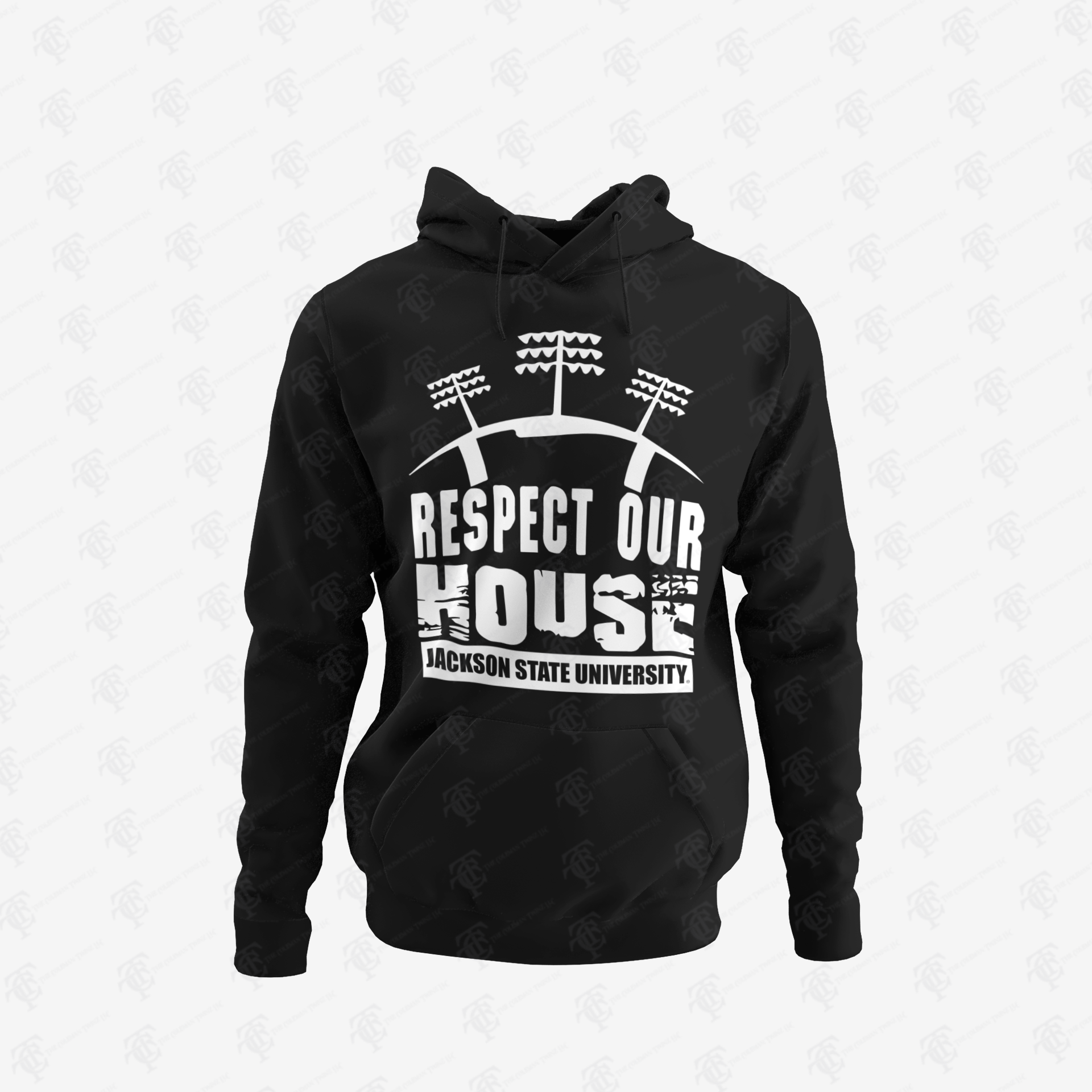 Black pullover hoodie with front puff print graphic and hood drawstrings.