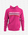 Pink pullover hoodie with Jackson State University Football tri-color front graphic