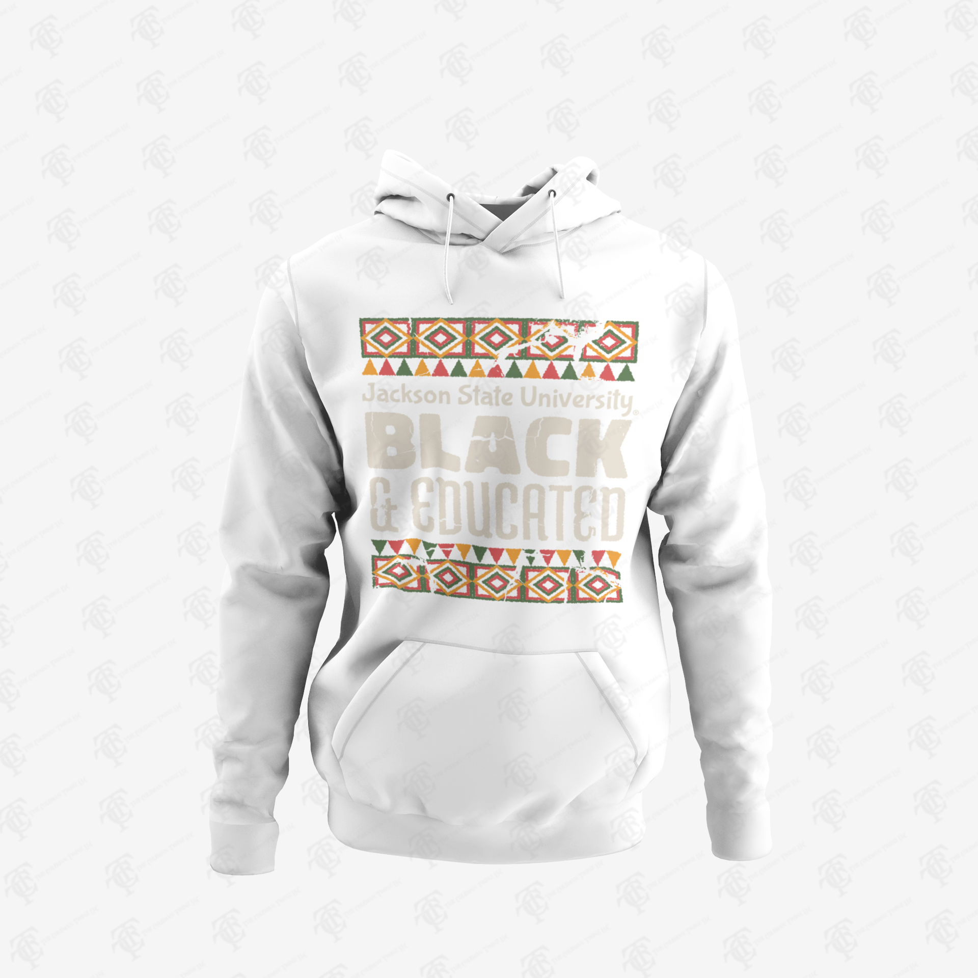 White unisex pullover hoodie with front “Black &amp; Educated” graphic