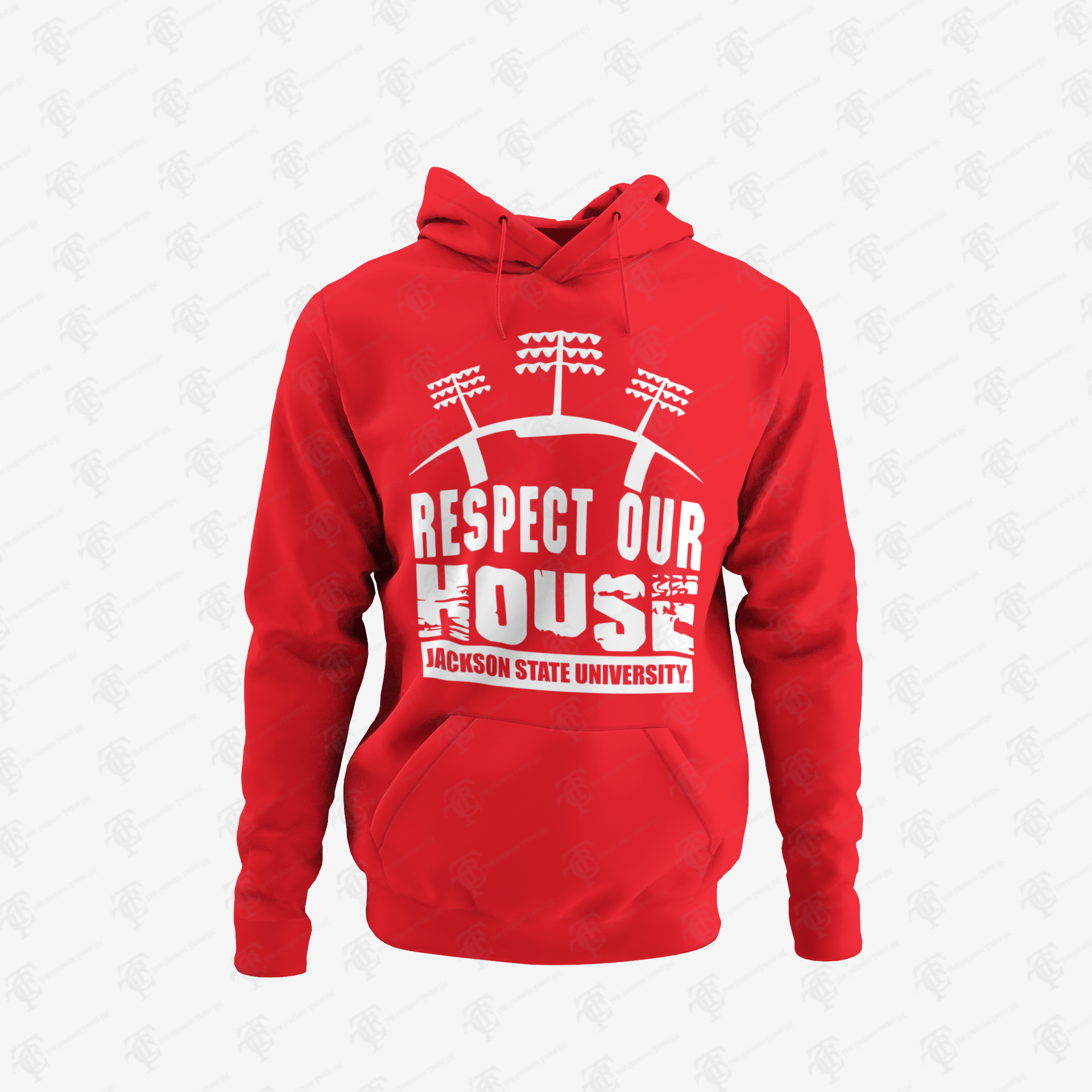 Red pullover hoodie with front puff print graphic and hood drawstrings.