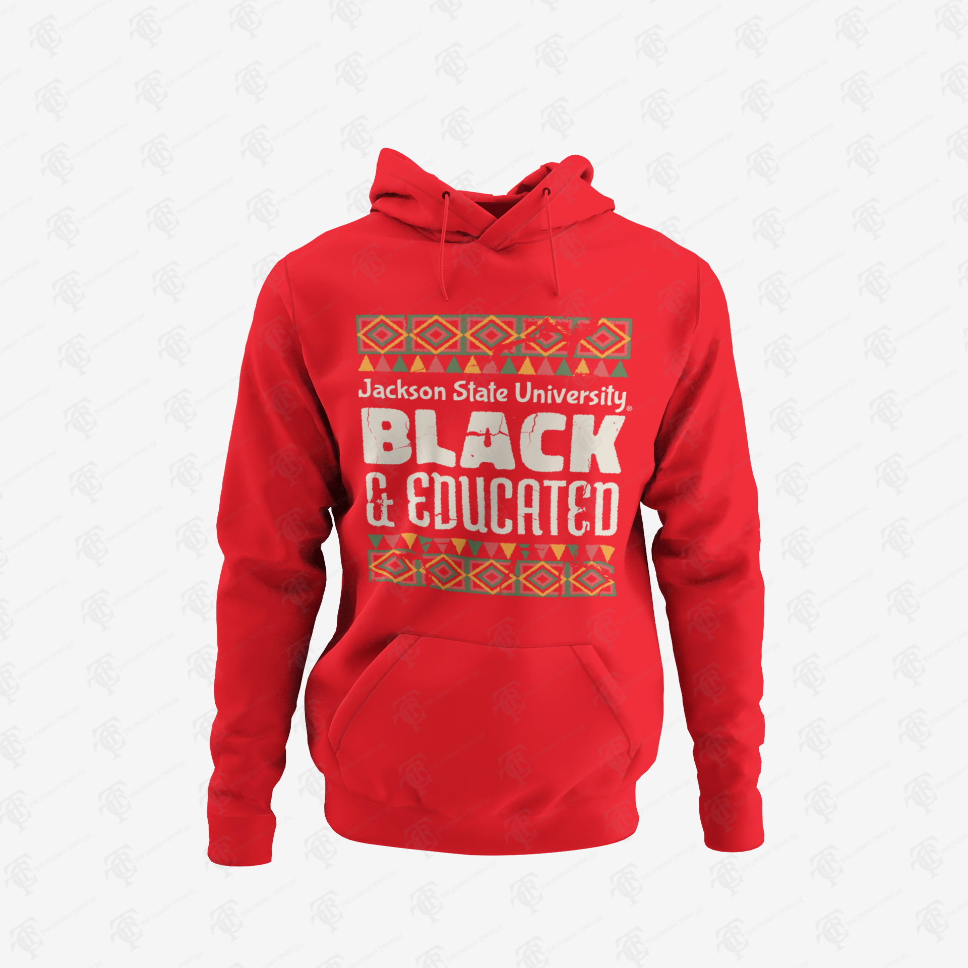 Red unisex pullover hoodie with front “Black &amp; Educated” graphic