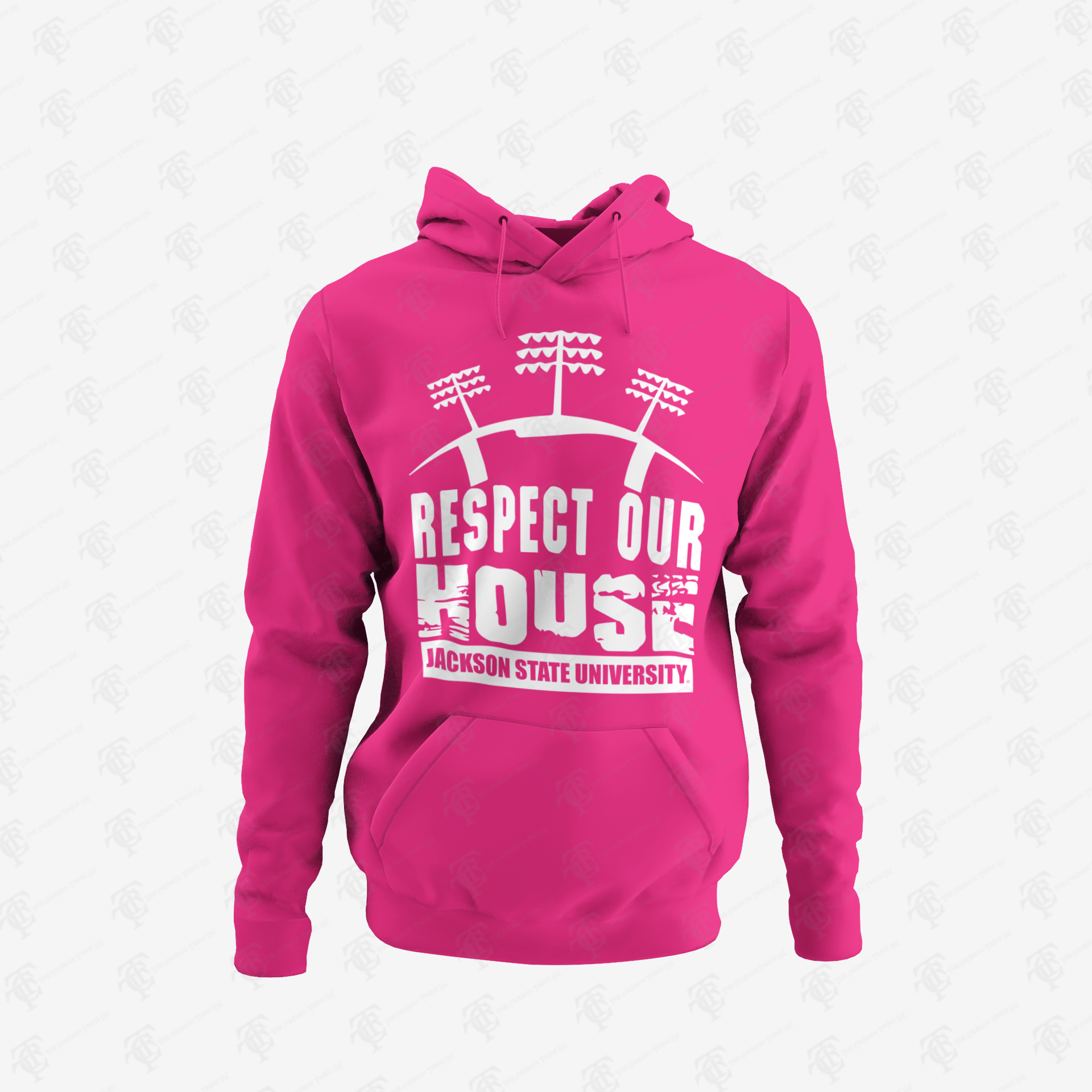 Pink pullover hoodie with front puff print graphic and hood drawstrings.