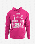 Pink pullover hoodie with front puff print graphic and hood drawstrings.