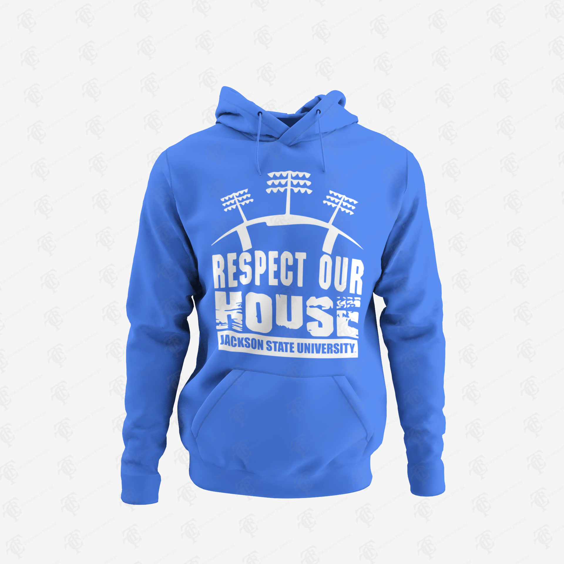 Light blue pullover hoodie with front puff print graphic and hood drawstrings.