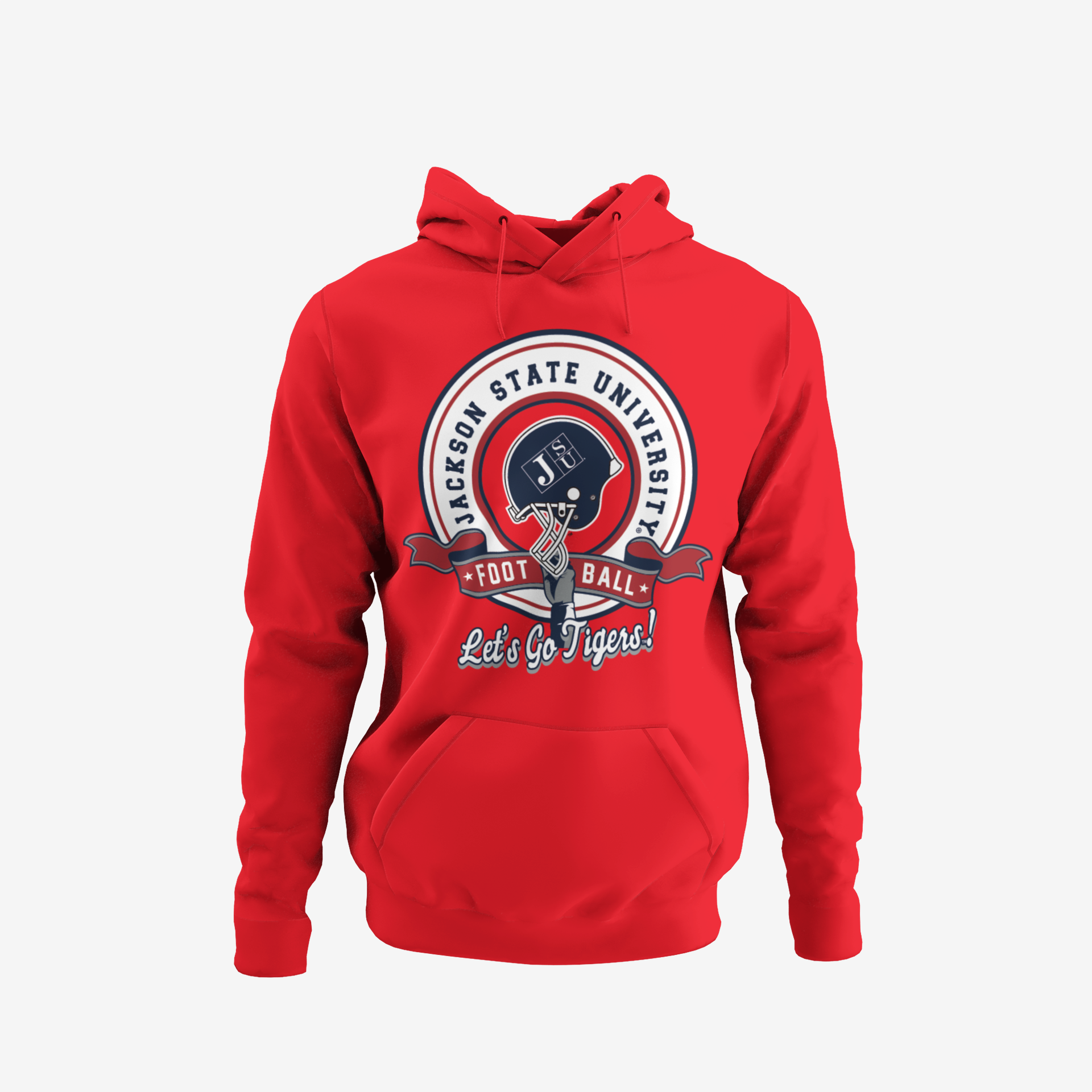 Red youth pullover hoodie with Jackson State University football logo and “Let’s Go Tigers!” on front