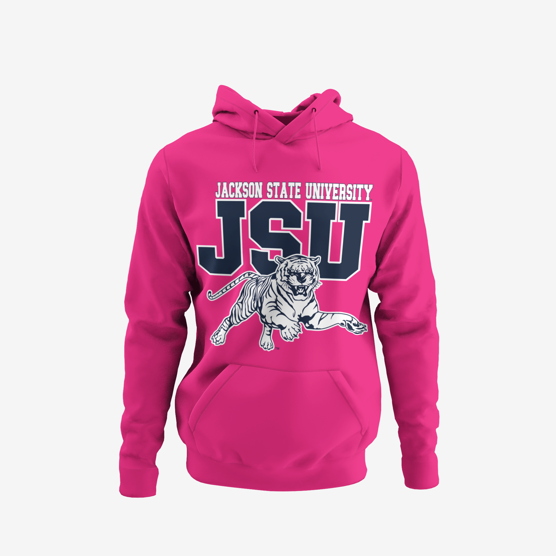 Youth unisex pink hoodie with front kangaroo pocket and large JSU tiger graphic