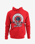 Red toddler pullover hoodie with front Tigers logo and drawstring hood
