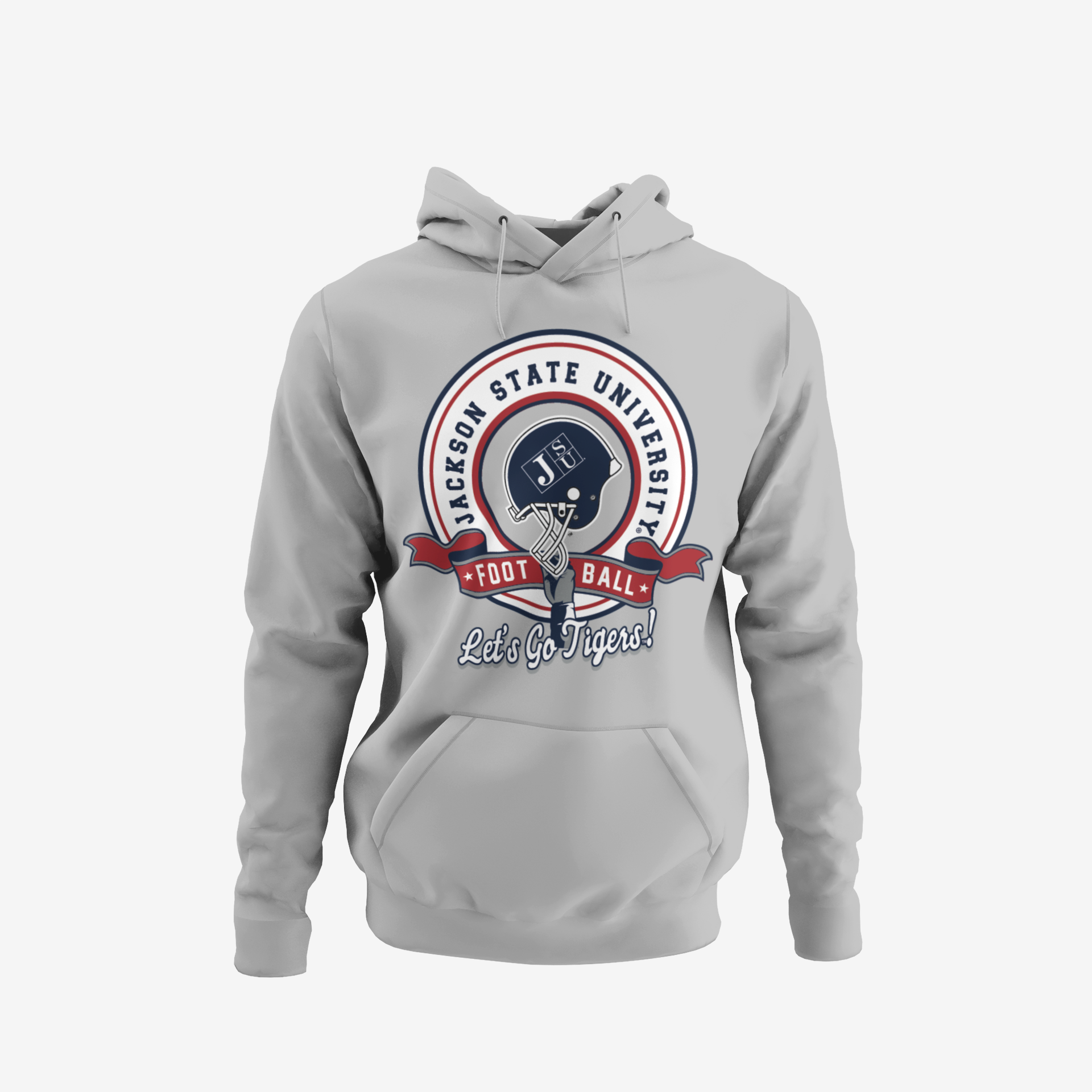 Athletic heather grey youth pullover hoodie with Jackson State University football logo chest graphic