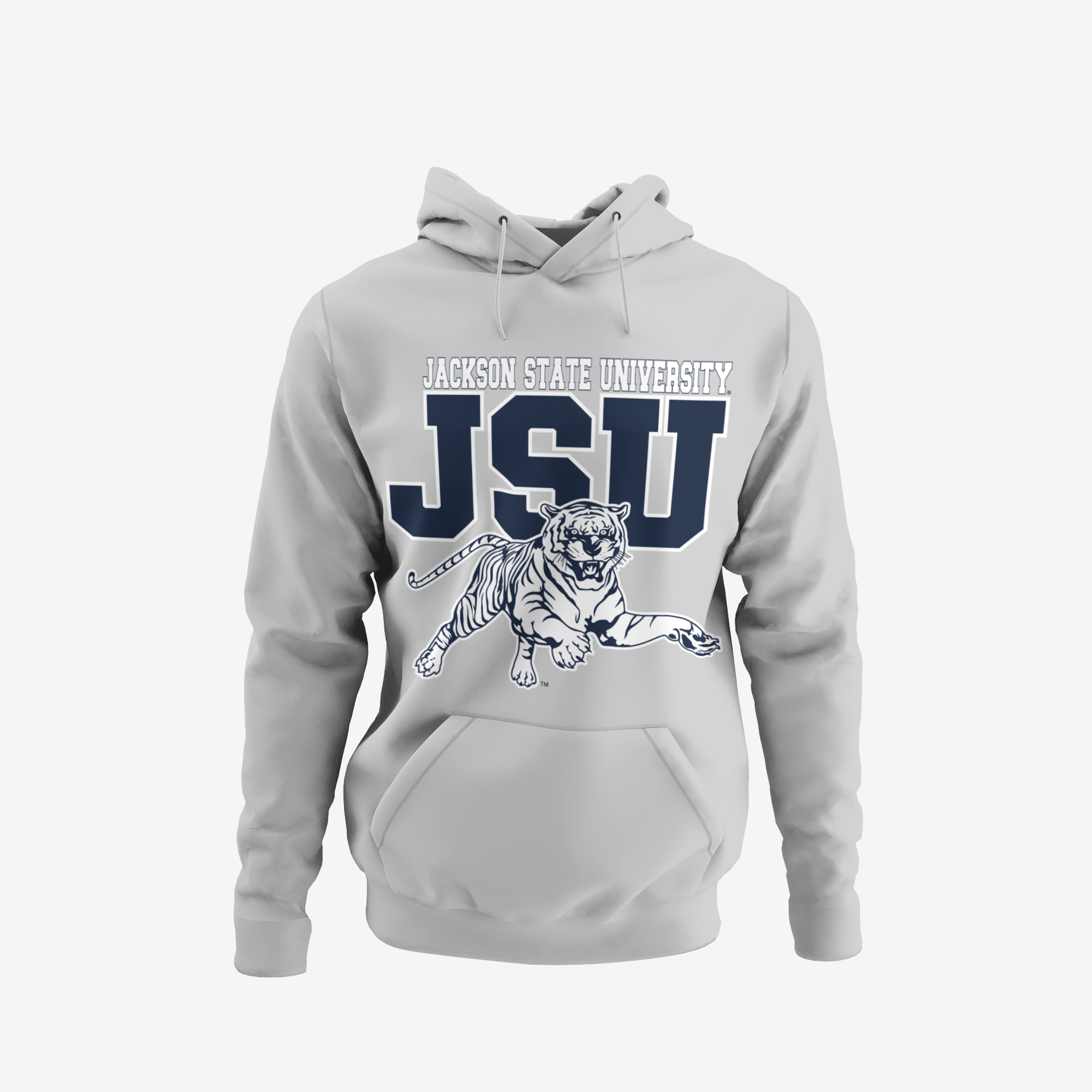 Youth unisex light gray hoodie with front kangaroo pocket and large JSU tiger graphic