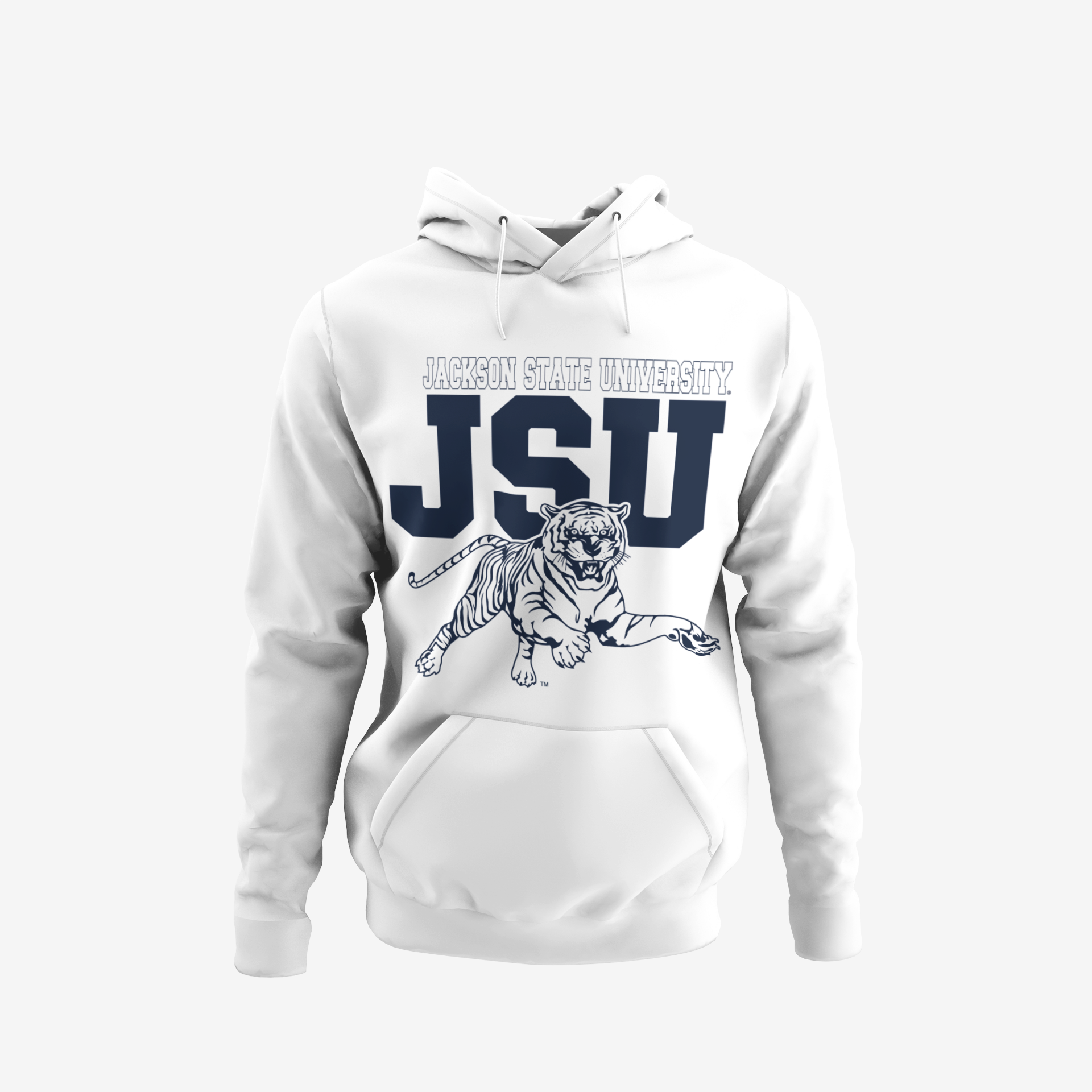 Youth unisex white hoodie with front kangaroo pocket and large JSU tiger graphic