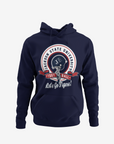 Navy toddler pullover hoodie with circular university crest on the chest and hood