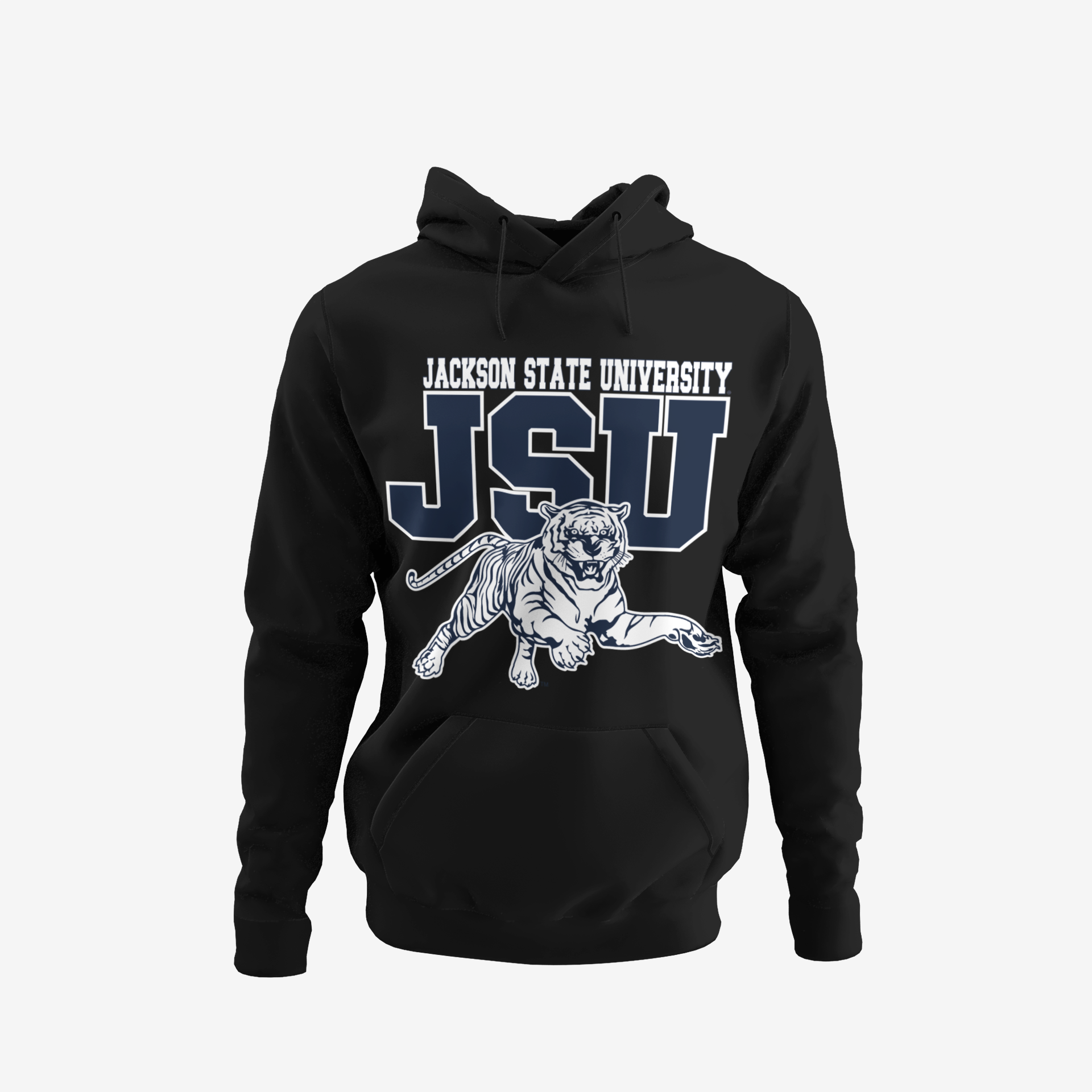 Youth unisex black hoodie with front kangaroo pocket and large JSU tiger graphic
