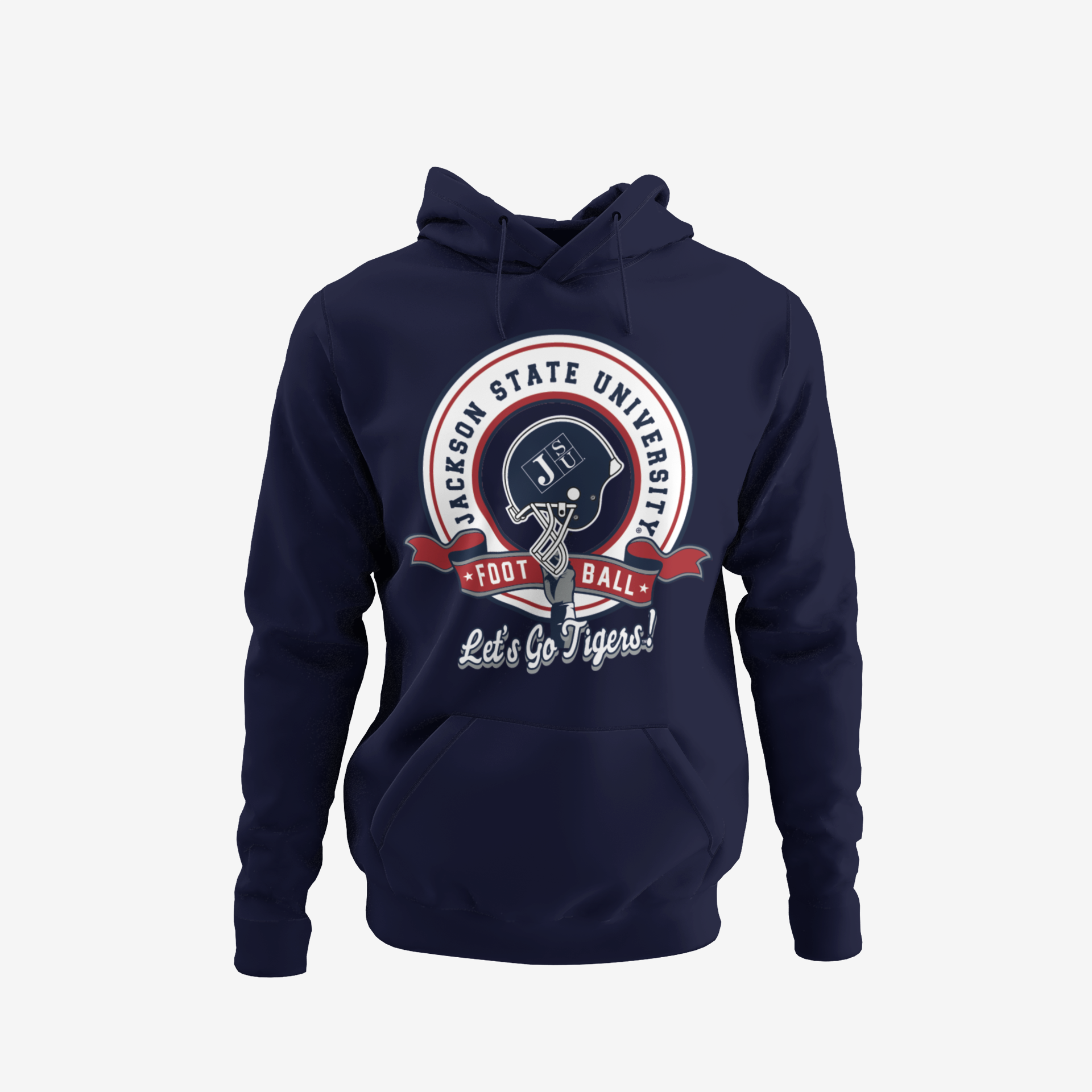 Navy youth pullover hoodie featuring Jackson State University football logo and “Let’s Go Tigers!” text