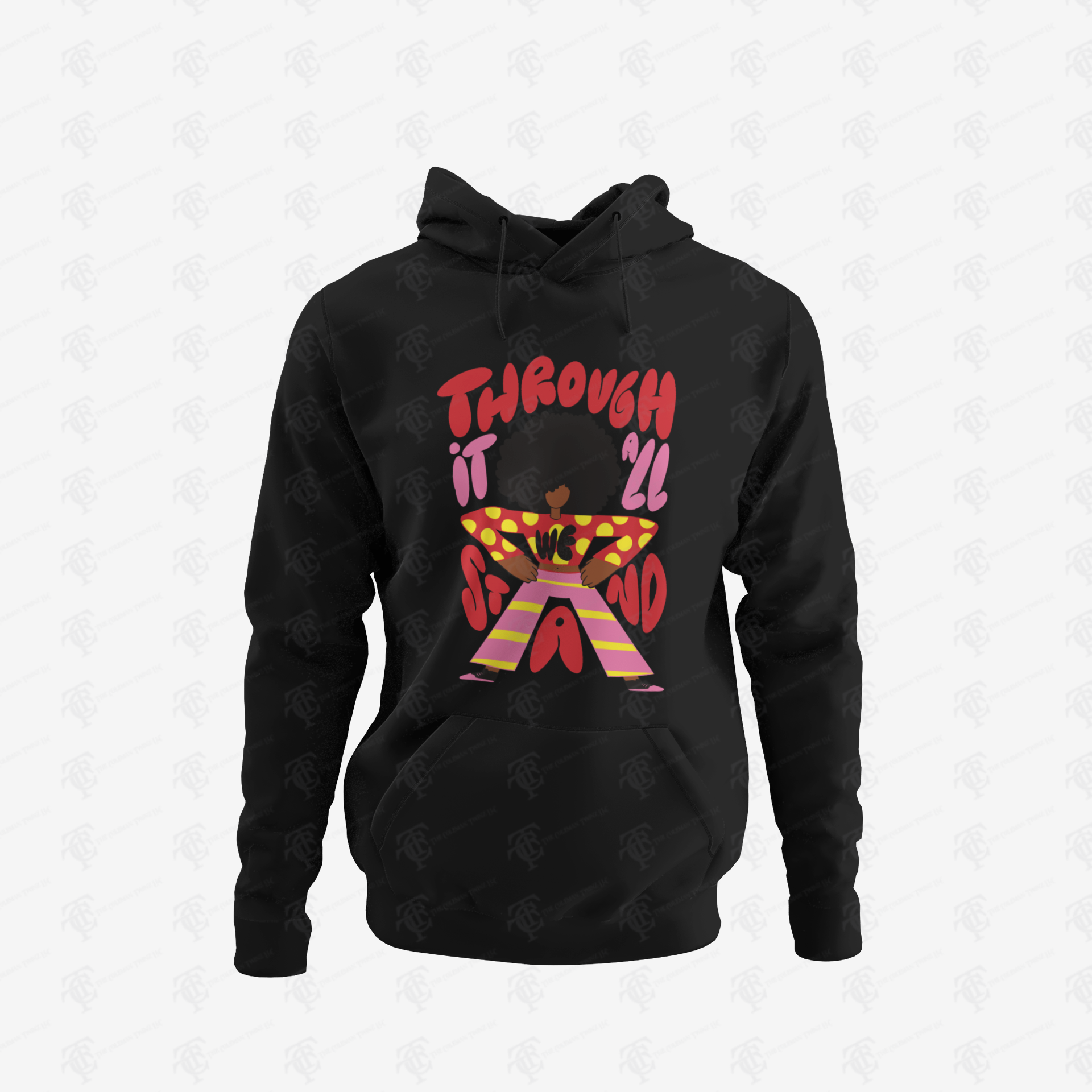 Unisex pullover hoodie, black, colorful back graphic, kangaroo pocket