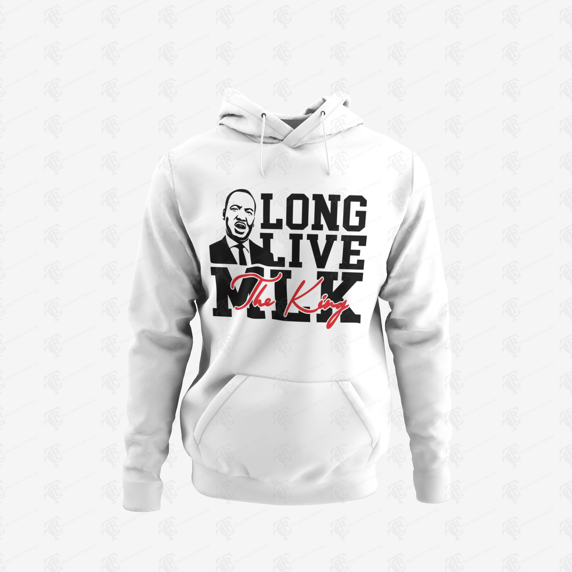 White pullover hoodie with "LONG LIVE The King" front graphic