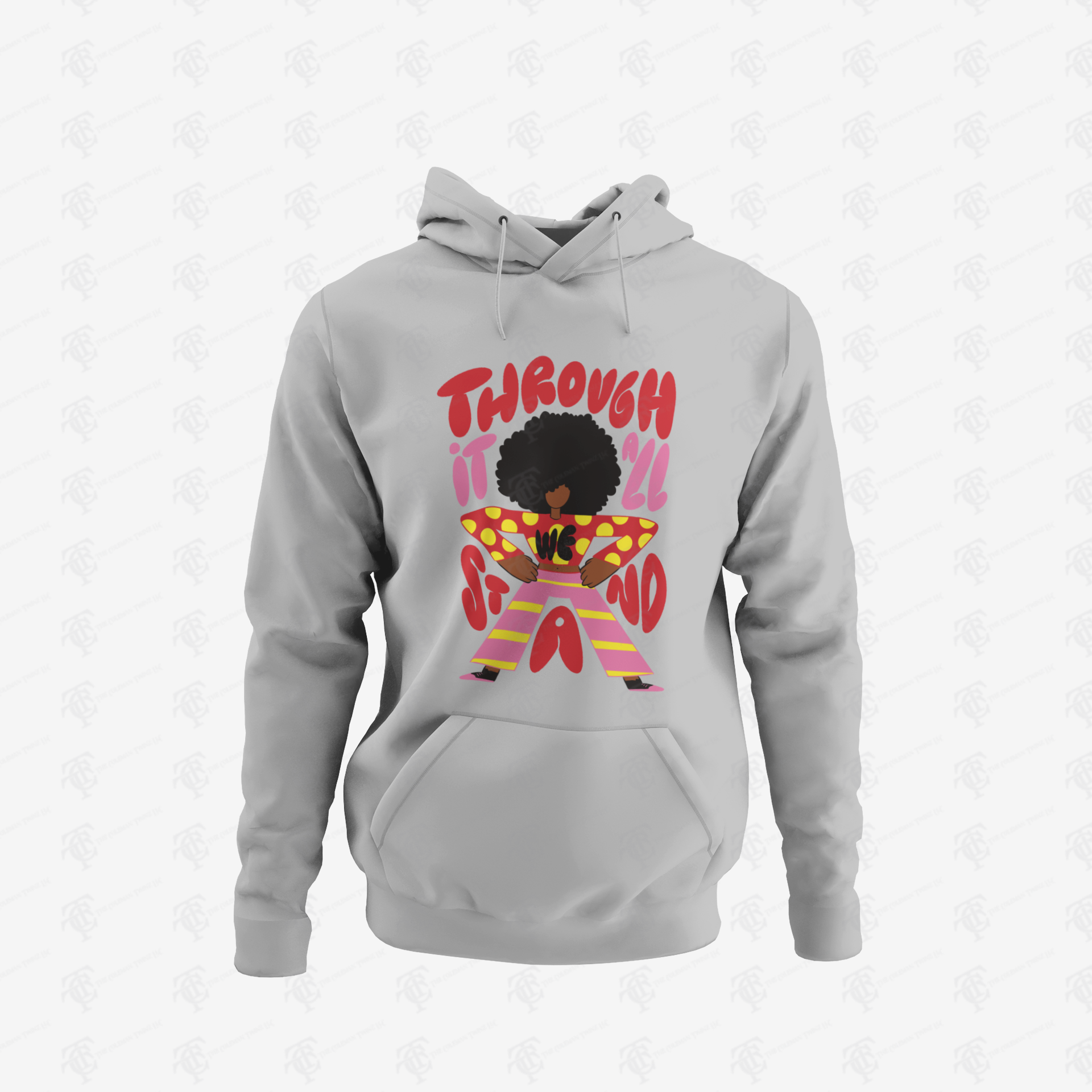 Unisex pullover hoodie, athletic heather gray, colorful back graphic, kangaroo pocket
