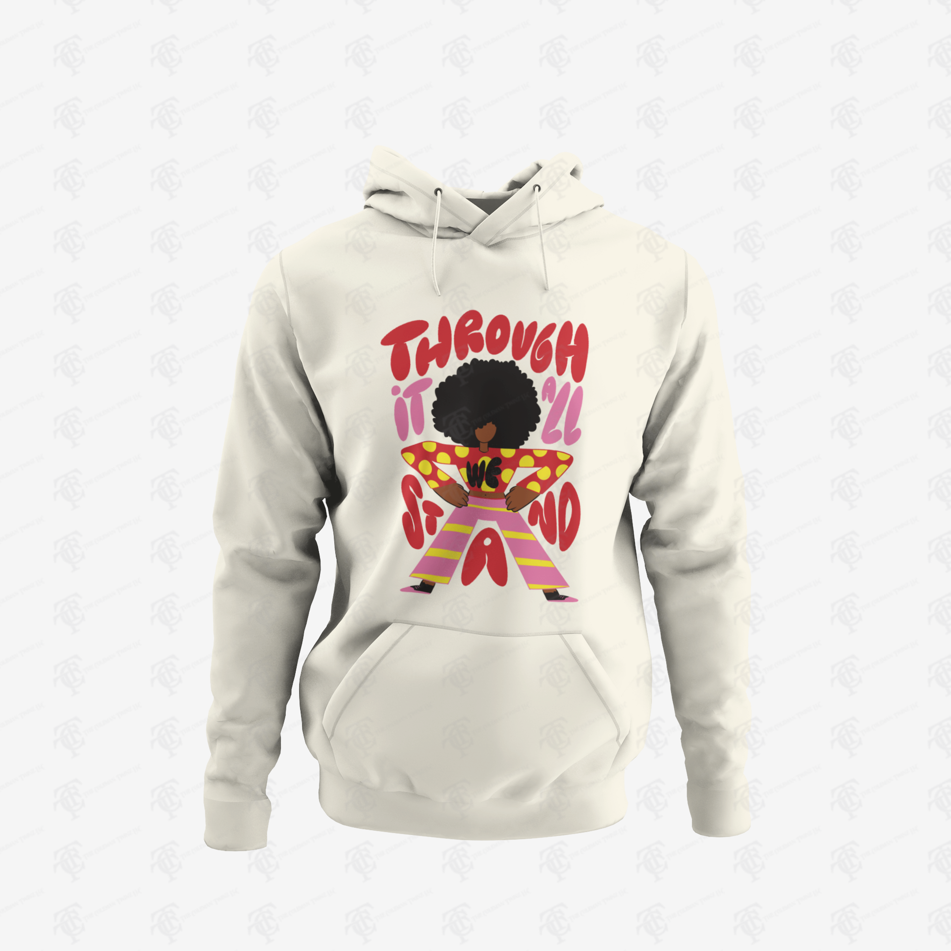 Unisex pullover hoodie, soft cream, colorful back graphic, kangaroo pocket