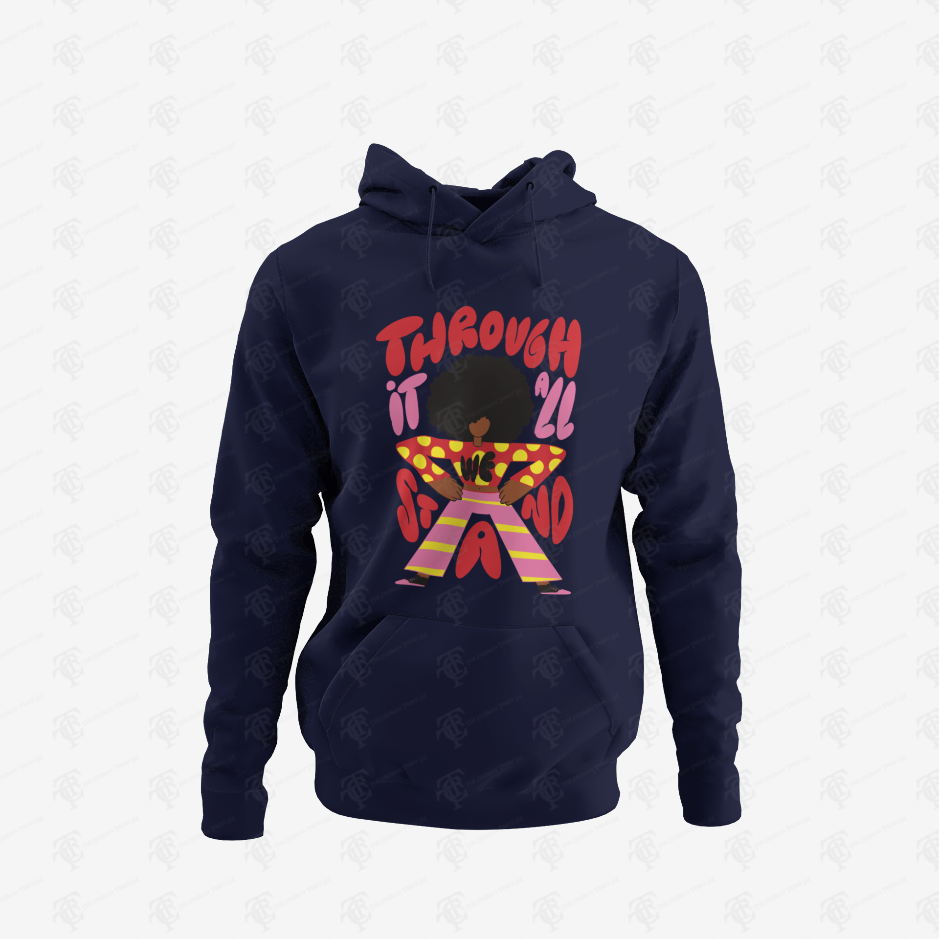 Unisex pullover hoodie, navy blue, colorful chest graphic, kangaroo pocket