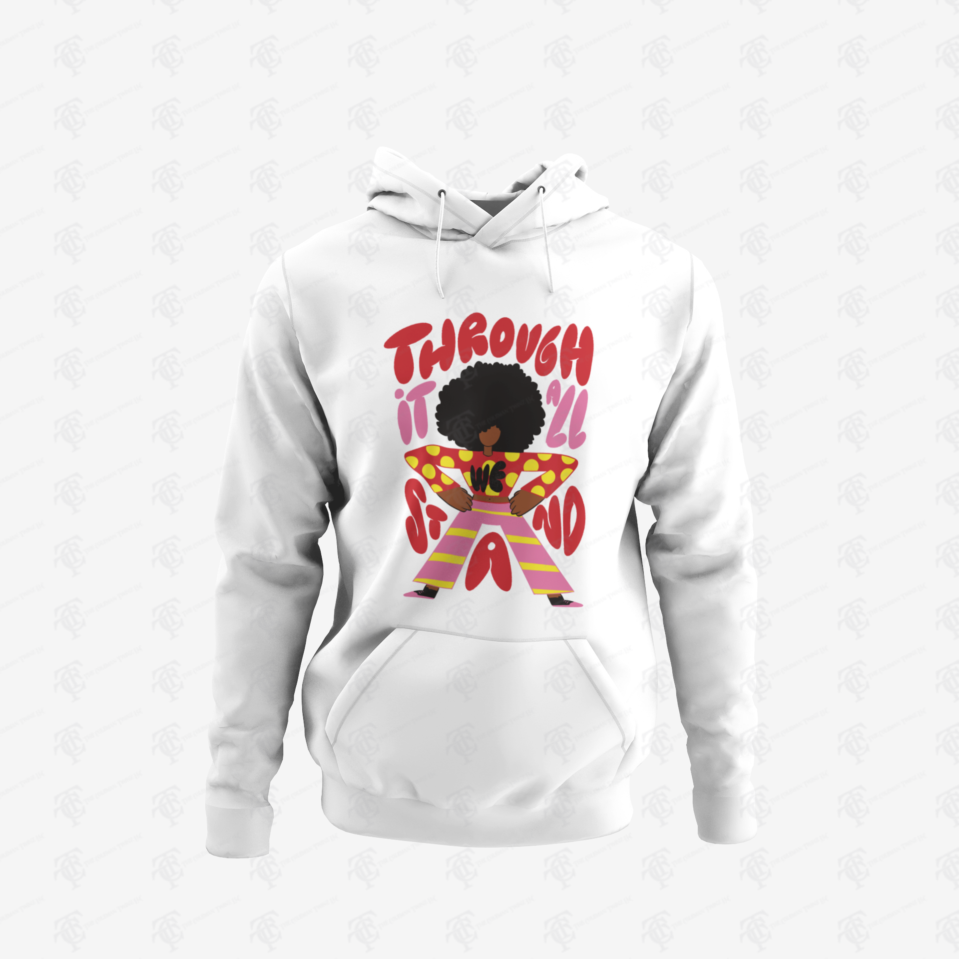 Unisex pullover hoodie, white, colorful chest graphic, kangaroo pocket