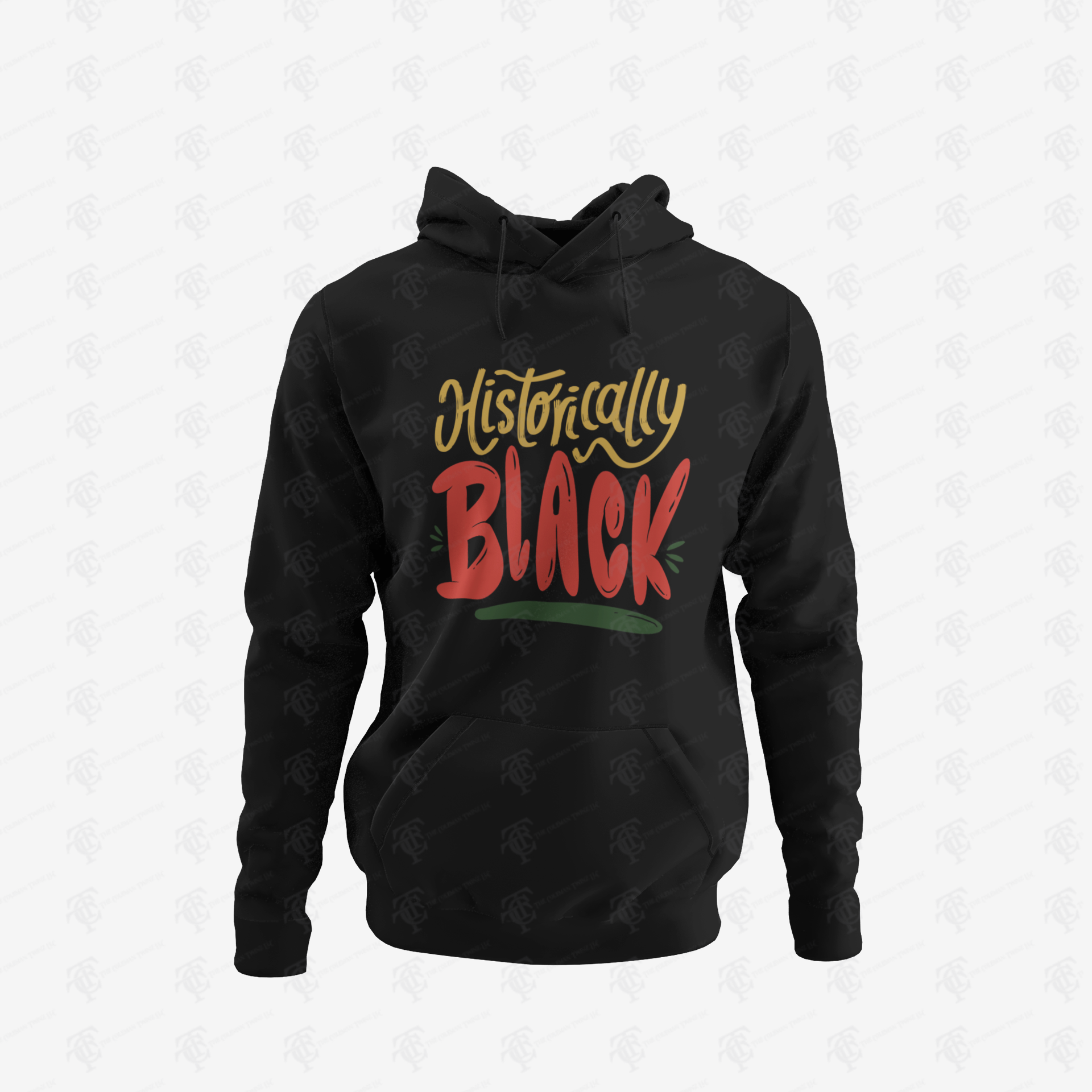 Black unisex hoodie with colorful 'Historically Black' back print