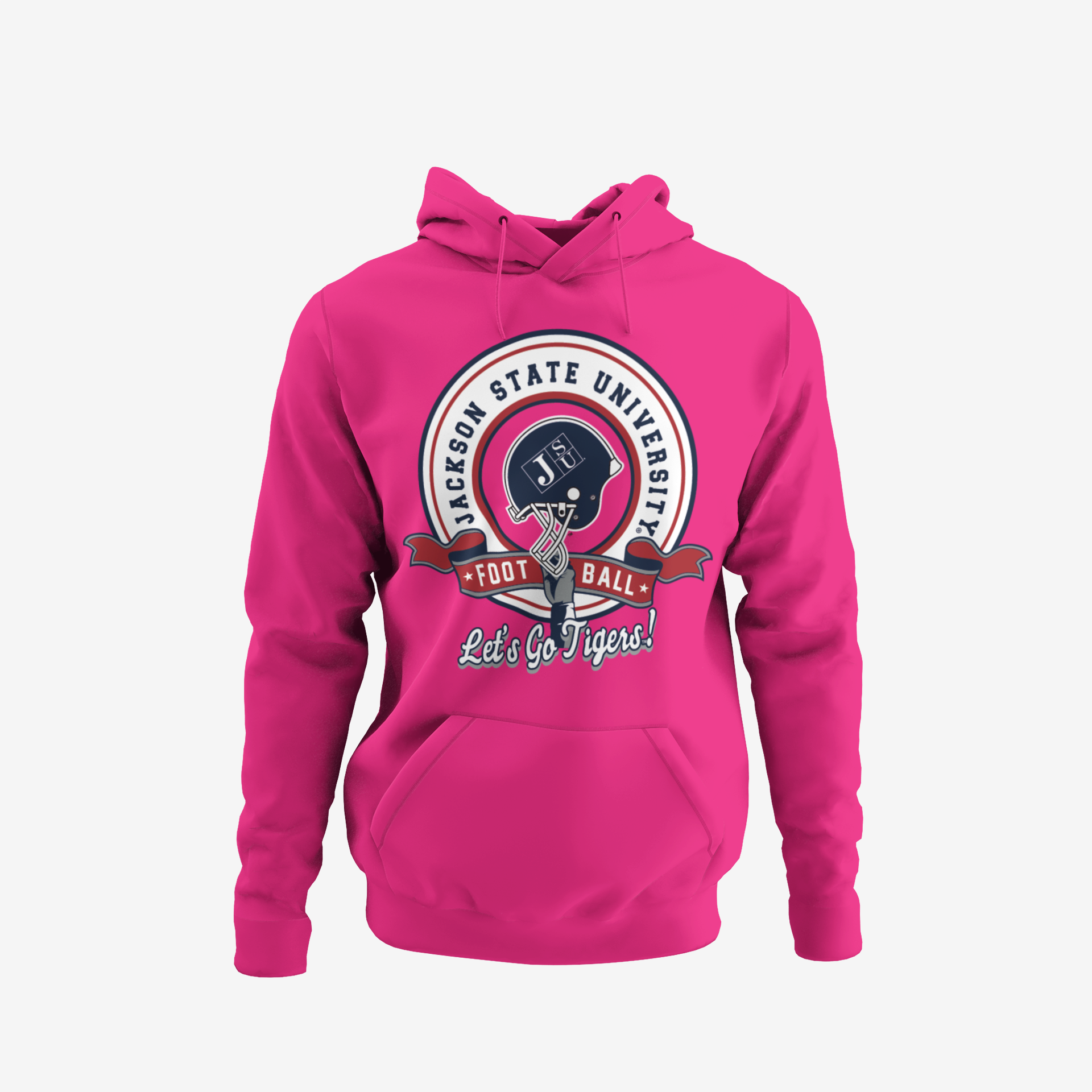 Pink youth pullover hoodie with Jackson State University football logo and hood drawstrings