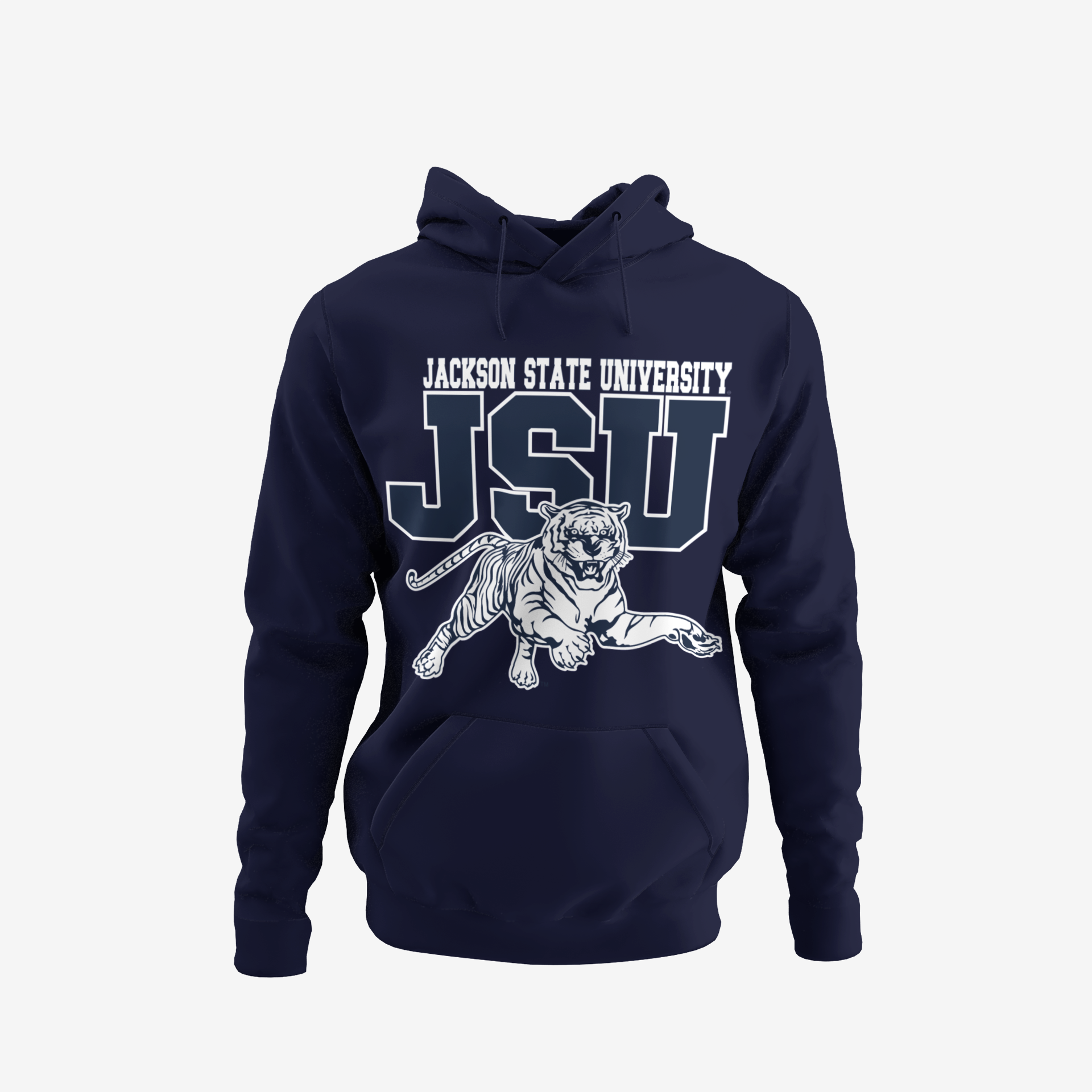 Youth unisex navy hoodie with front kangaroo pocket and large JSU tiger graphic