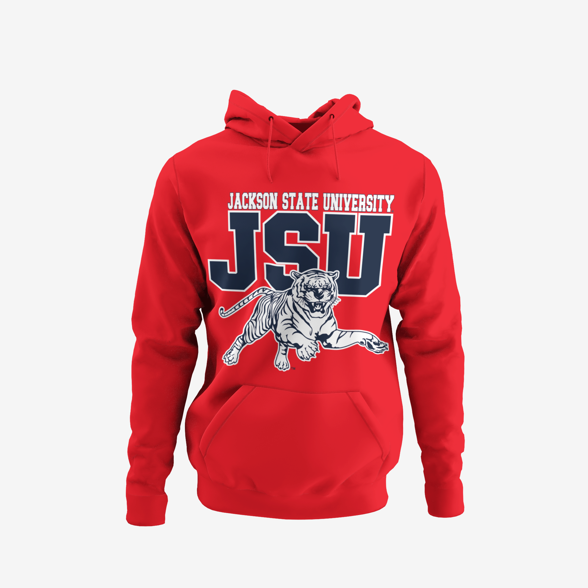 Youth unisex red hoodie with front kangaroo pocket and large JSU tiger graphic