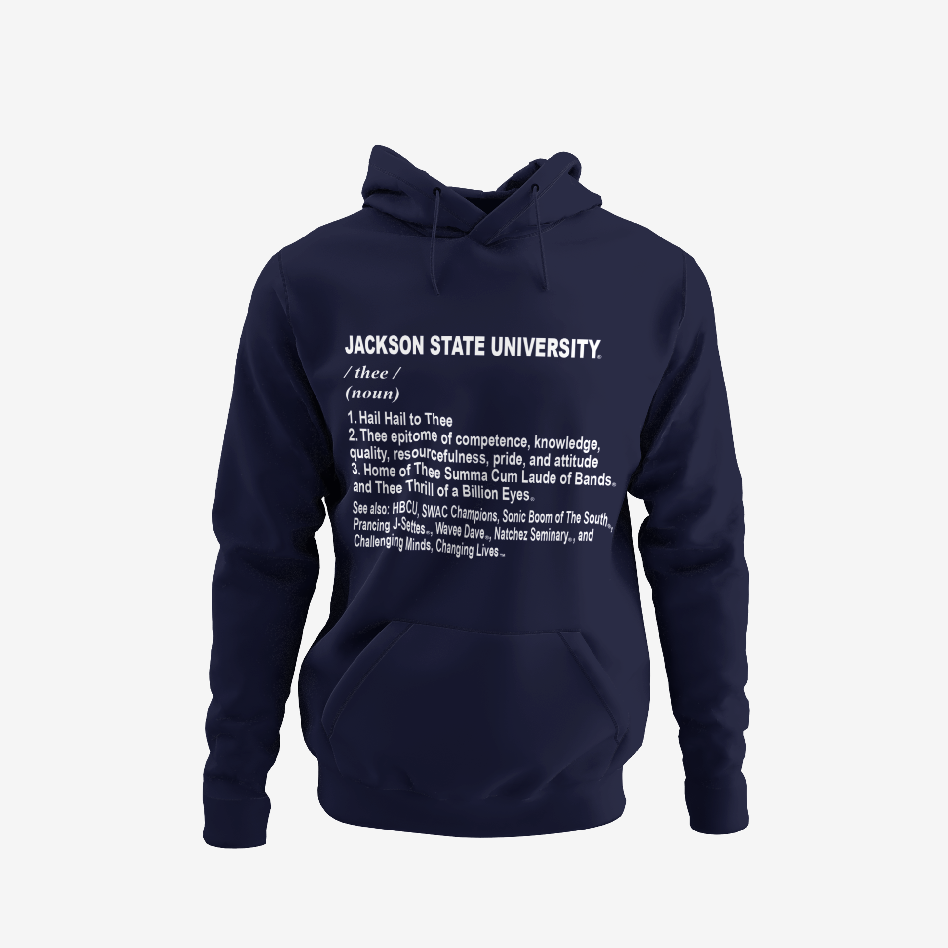 Youth navy blue pullover hoodie with front text graphic, kangaroo pocket, and drawstring hood