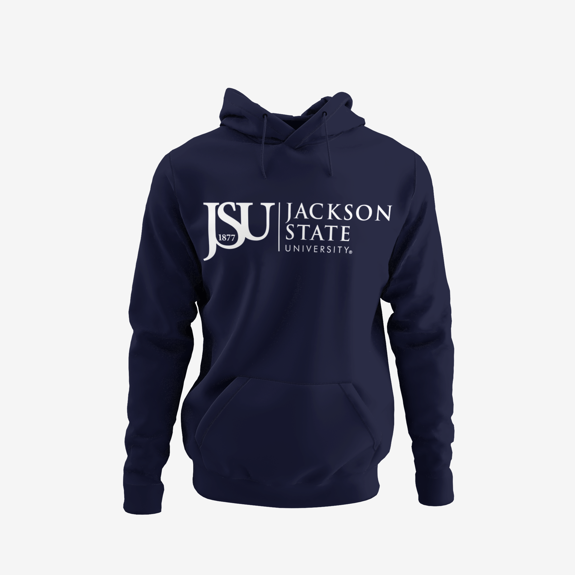 Youth pullover hoodie, navy with front Jackson State logo, kangaroo pocket, drawstring hood