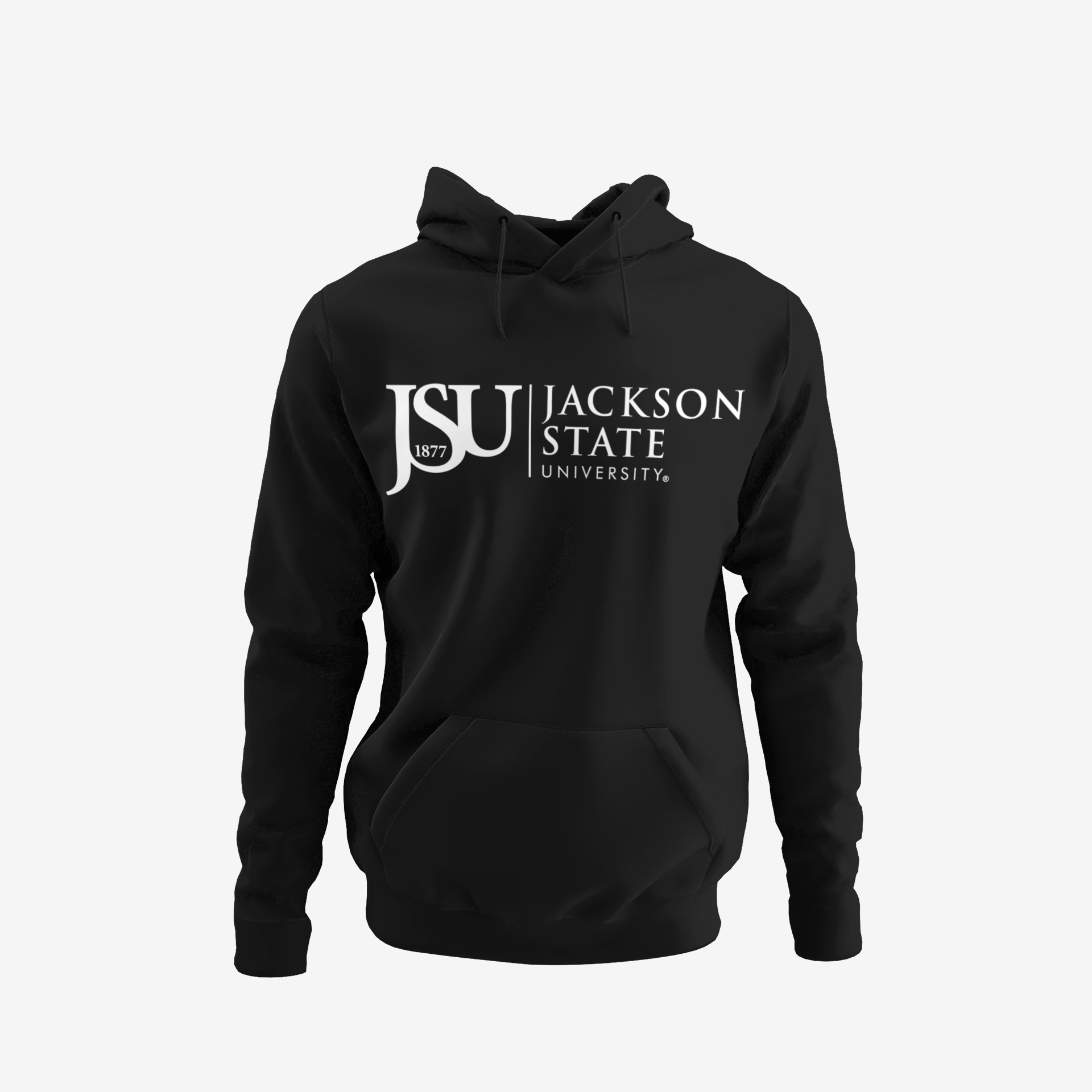 Youth pullover hoodie, black with front Jackson State logo, kangaroo pocket, drawstring hood