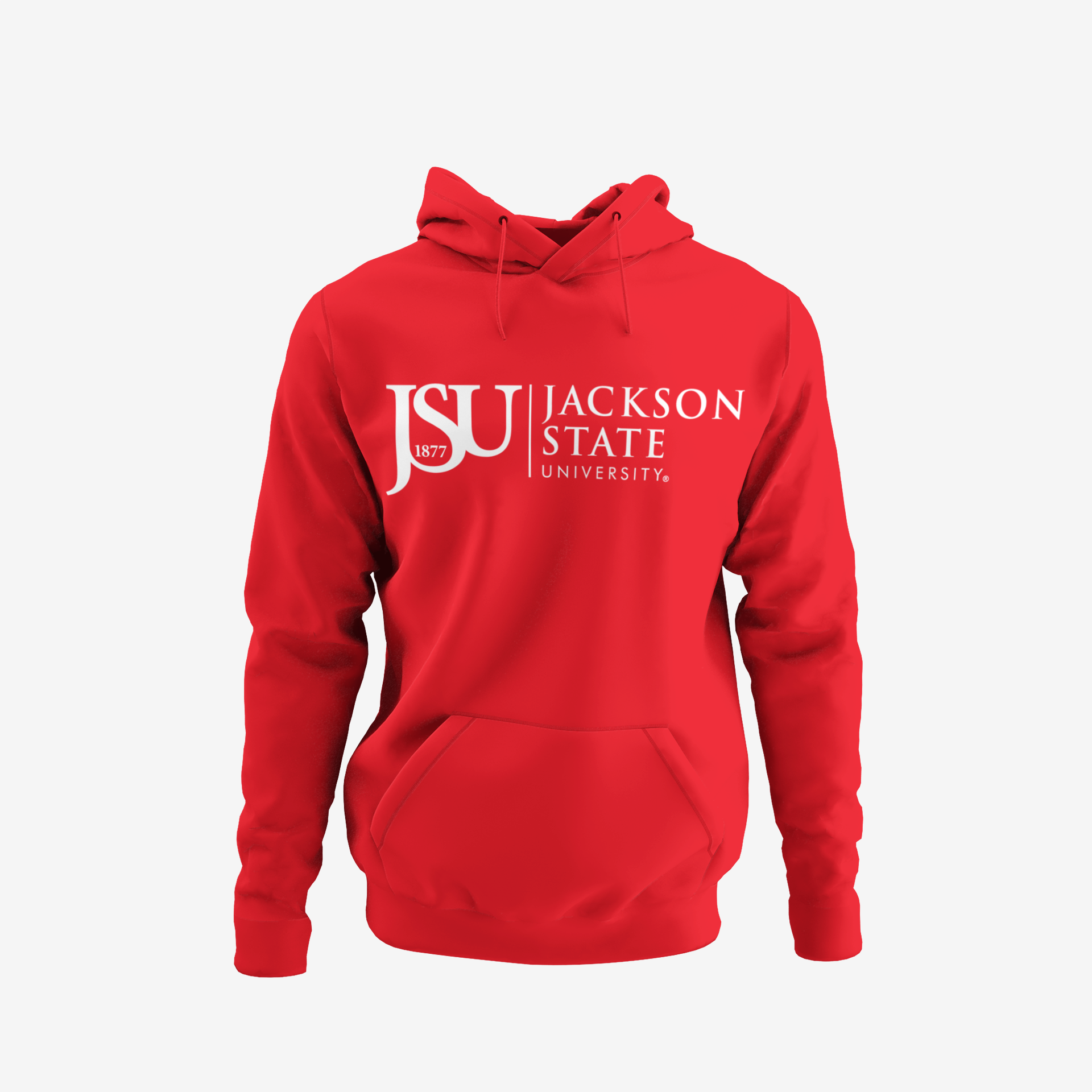 Youth pullover hoodie, red with front Jackson State logo, kangaroo pocket, drawstring hood
