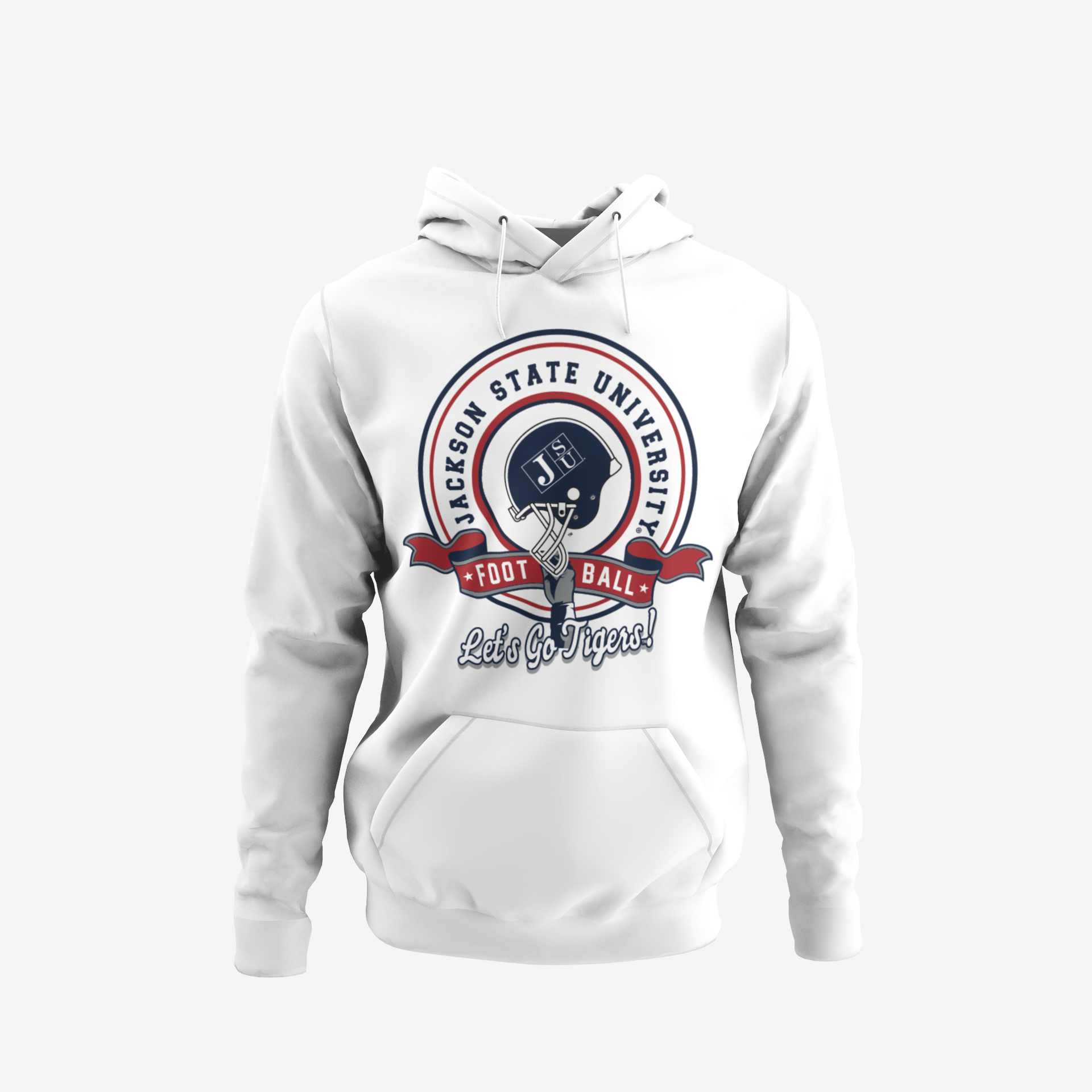 White youth pullover hoodie with Jackson State University football logo chest graphic and front pocket