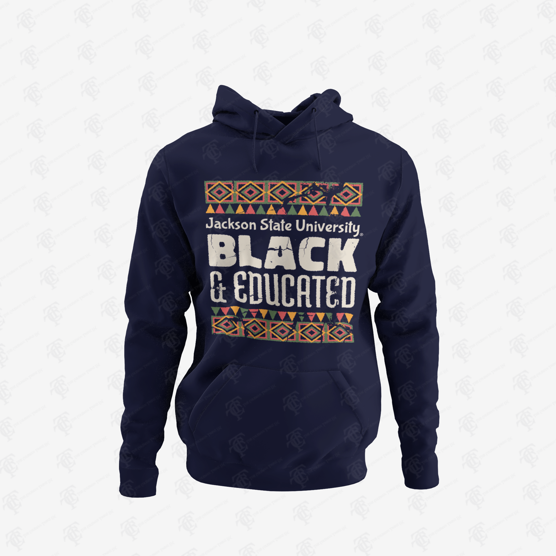 Dark navy unisex pullover hoodie with front “Black &amp; Educated” graphic
