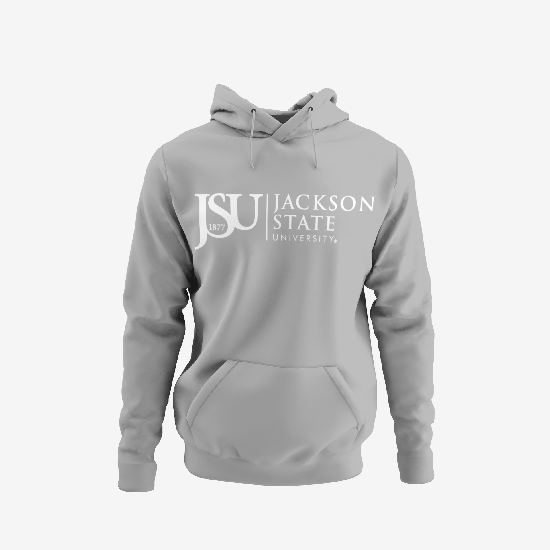 Youth pullover hoodie, athletic heather gray with front Jackson State logo, kangaroo pocket