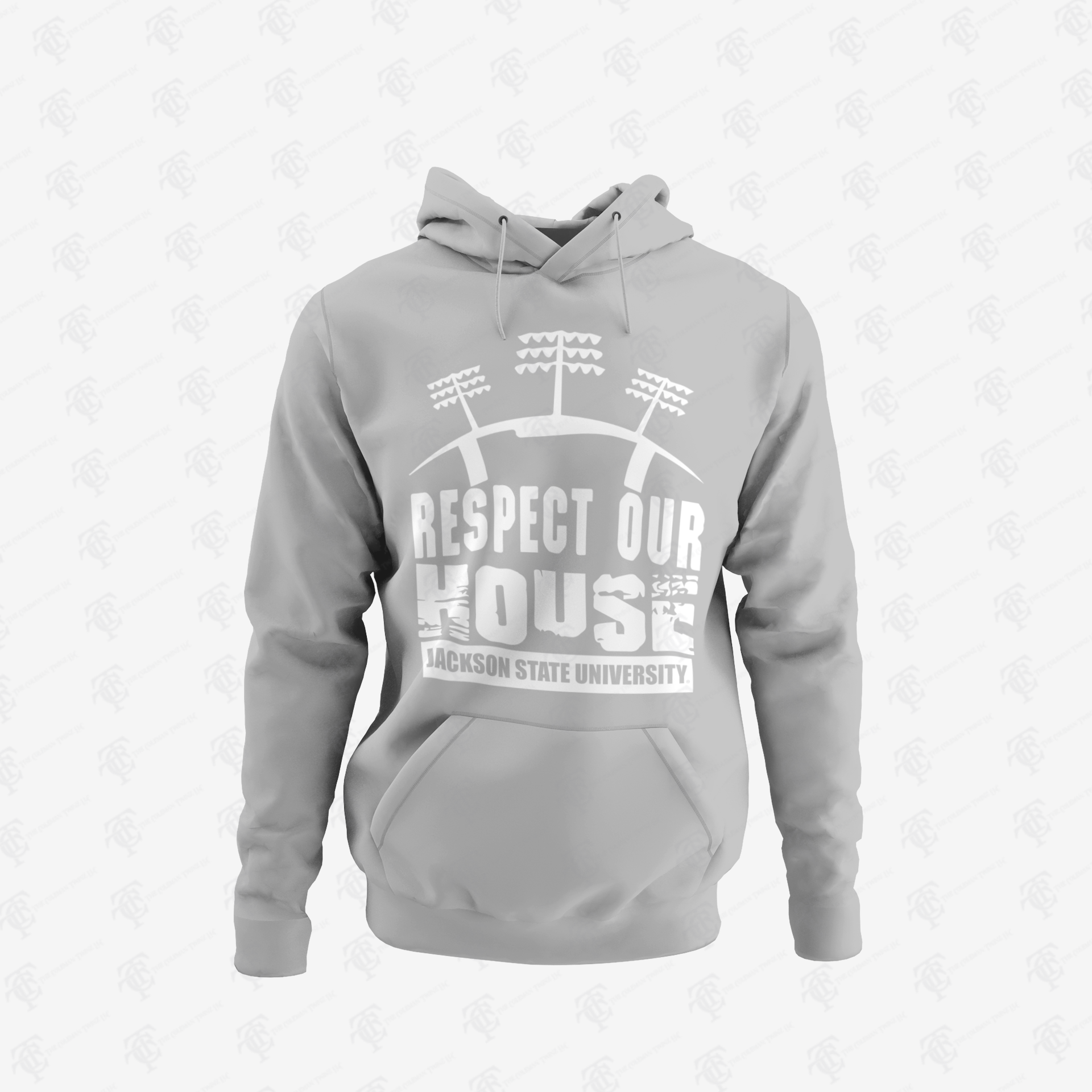 Athletic heather grey pullover hoodie with front puff print graphic and hood drawstrings.