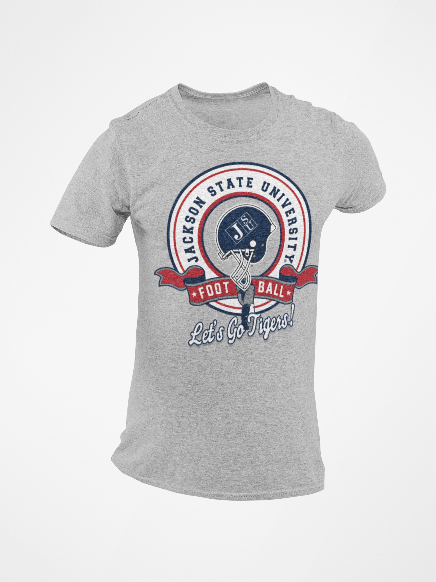 Athletic heather gray unisex crewneck T-shirt with JSU football emblem and “Let’s Go Tigers!”