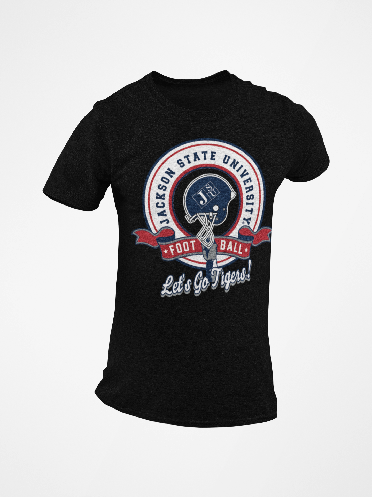 Black unisex crewneck T-shirt with JSU football emblem and “Let’s Go Tigers!”