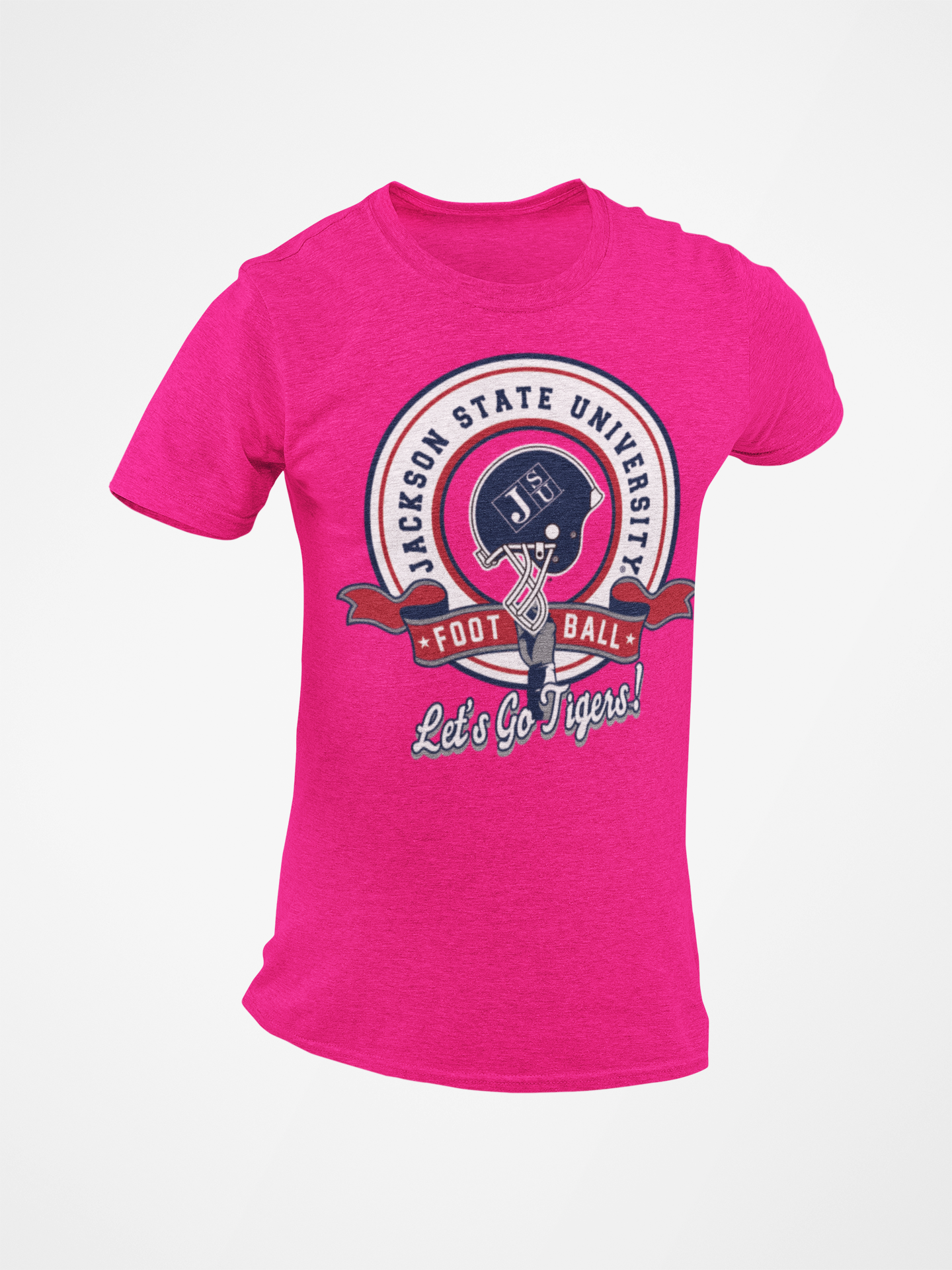 Pink unisex crewneck T-shirt with JSU football emblem and “Let’s Go Tigers!”