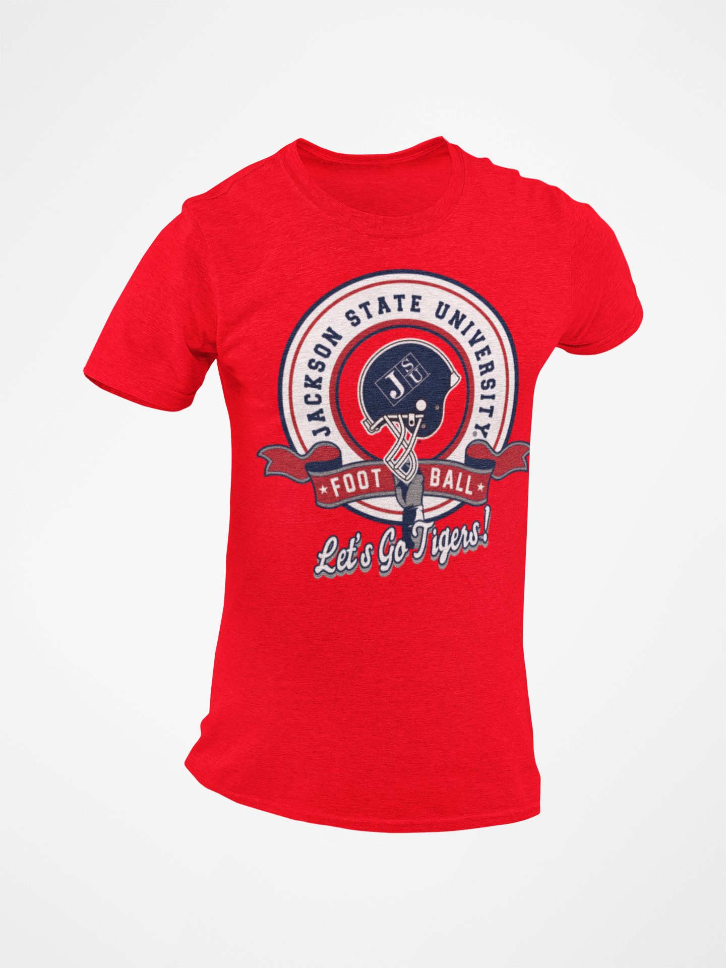Red unisex crewneck T-shirt with JSU football emblem and “Let’s Go Tigers!”