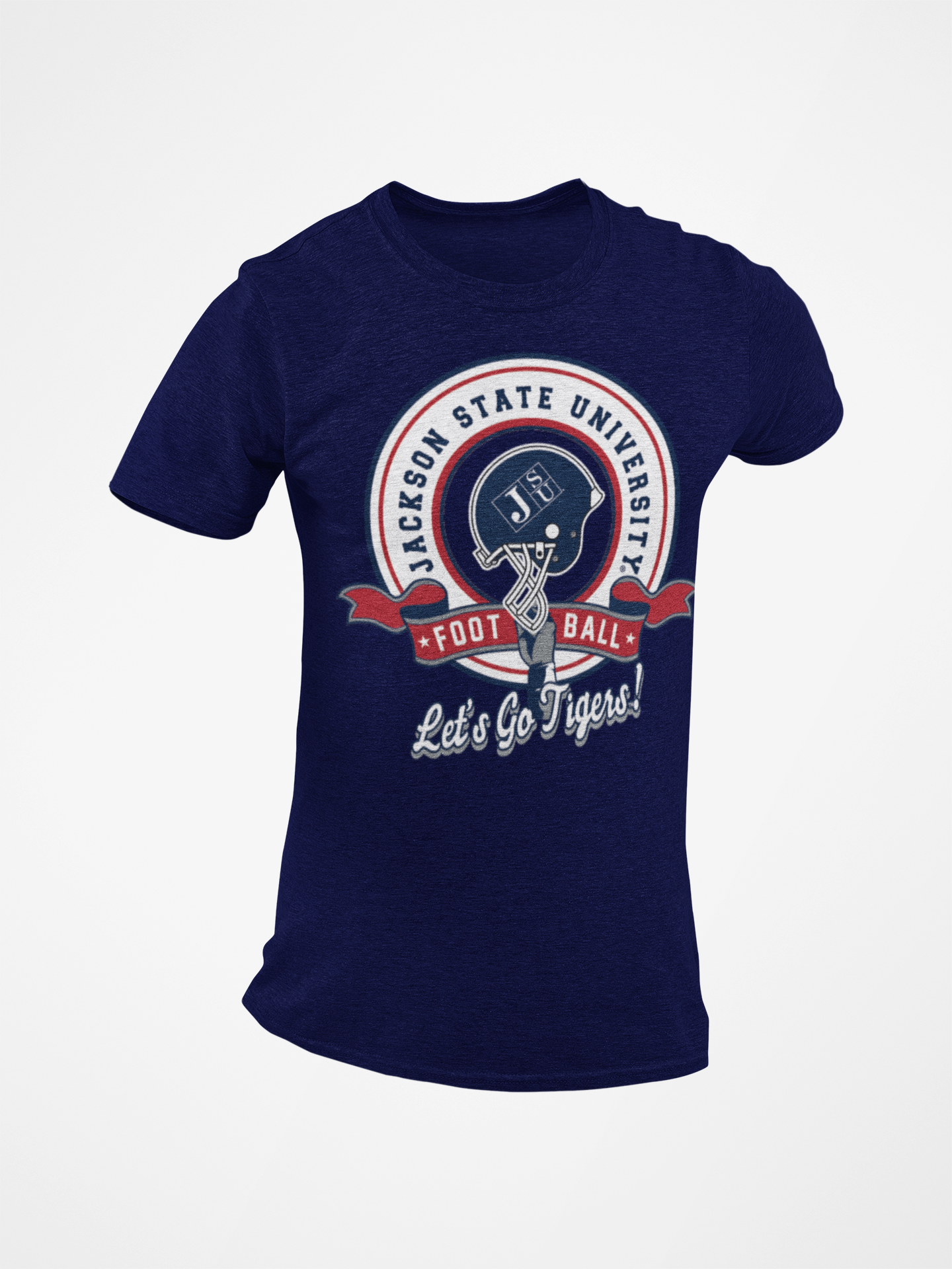 Navy unisex crewneck T-shirt with JSU football emblem and “Let’s Go Tigers!”