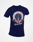 Navy unisex crewneck T-shirt with JSU football emblem and “Let’s Go Tigers!”