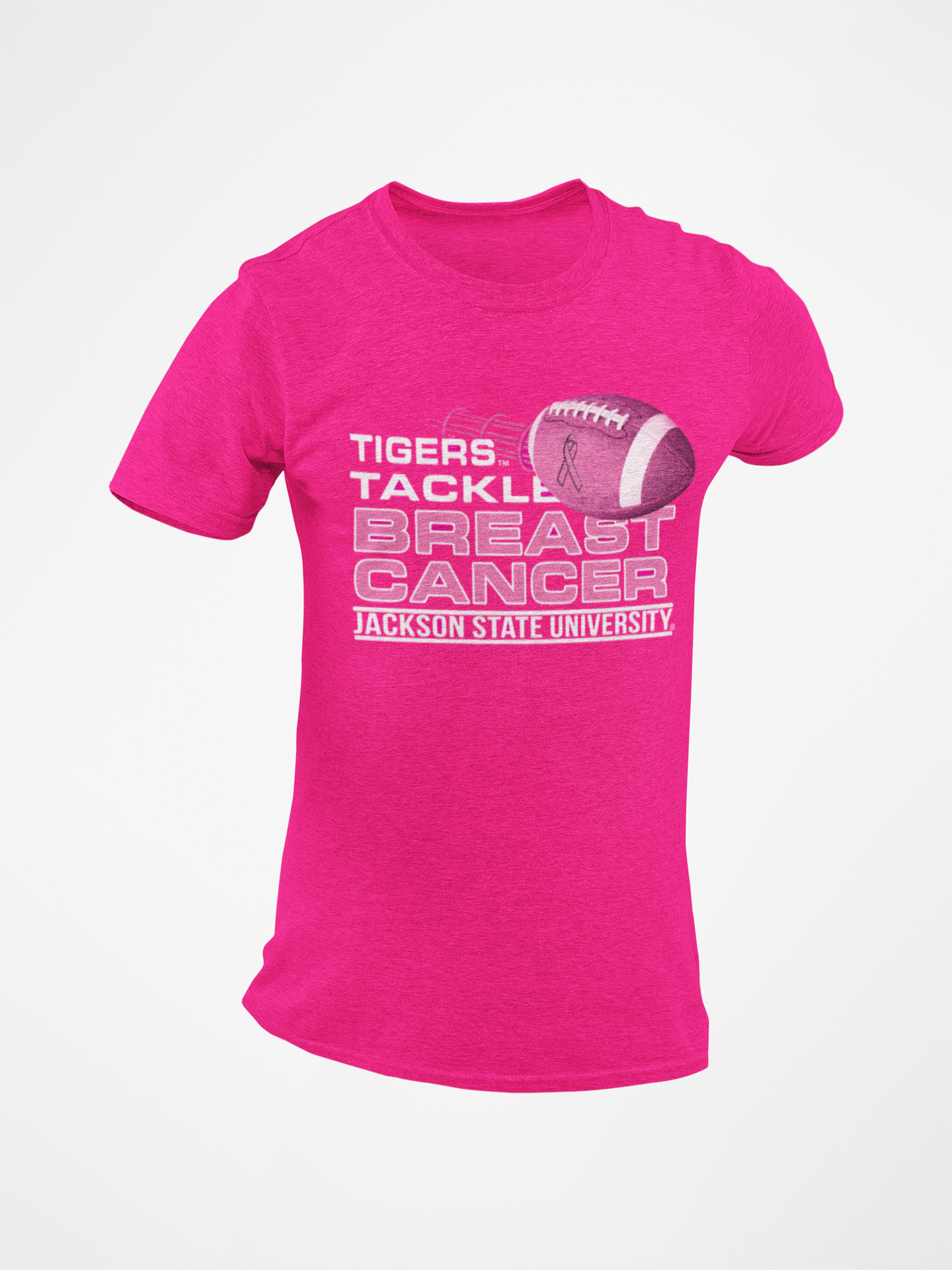 Pink crew-neck T-shirt with “Tigers Tackle Breast Cancer” football chest print