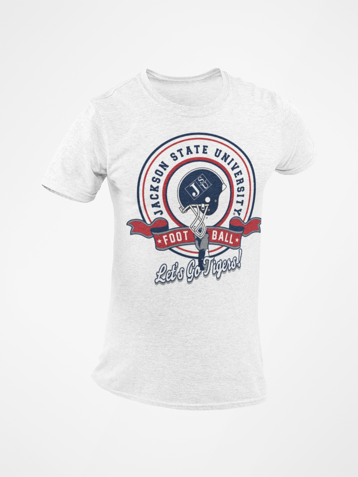 White unisex crewneck T-shirt with large JSU football emblem and “Let’s Go Tigers!”