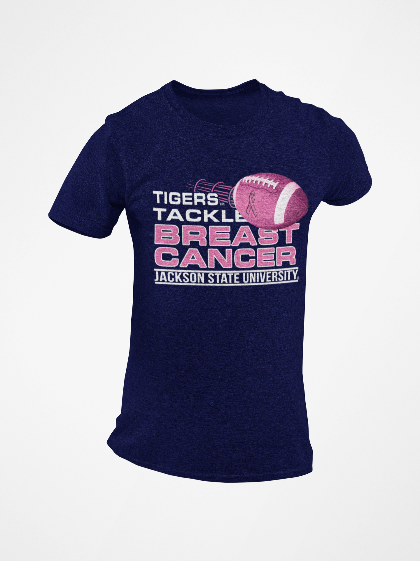 Navy crew-neck T-shirt with “Tigers Tackle Breast Cancer” football and text