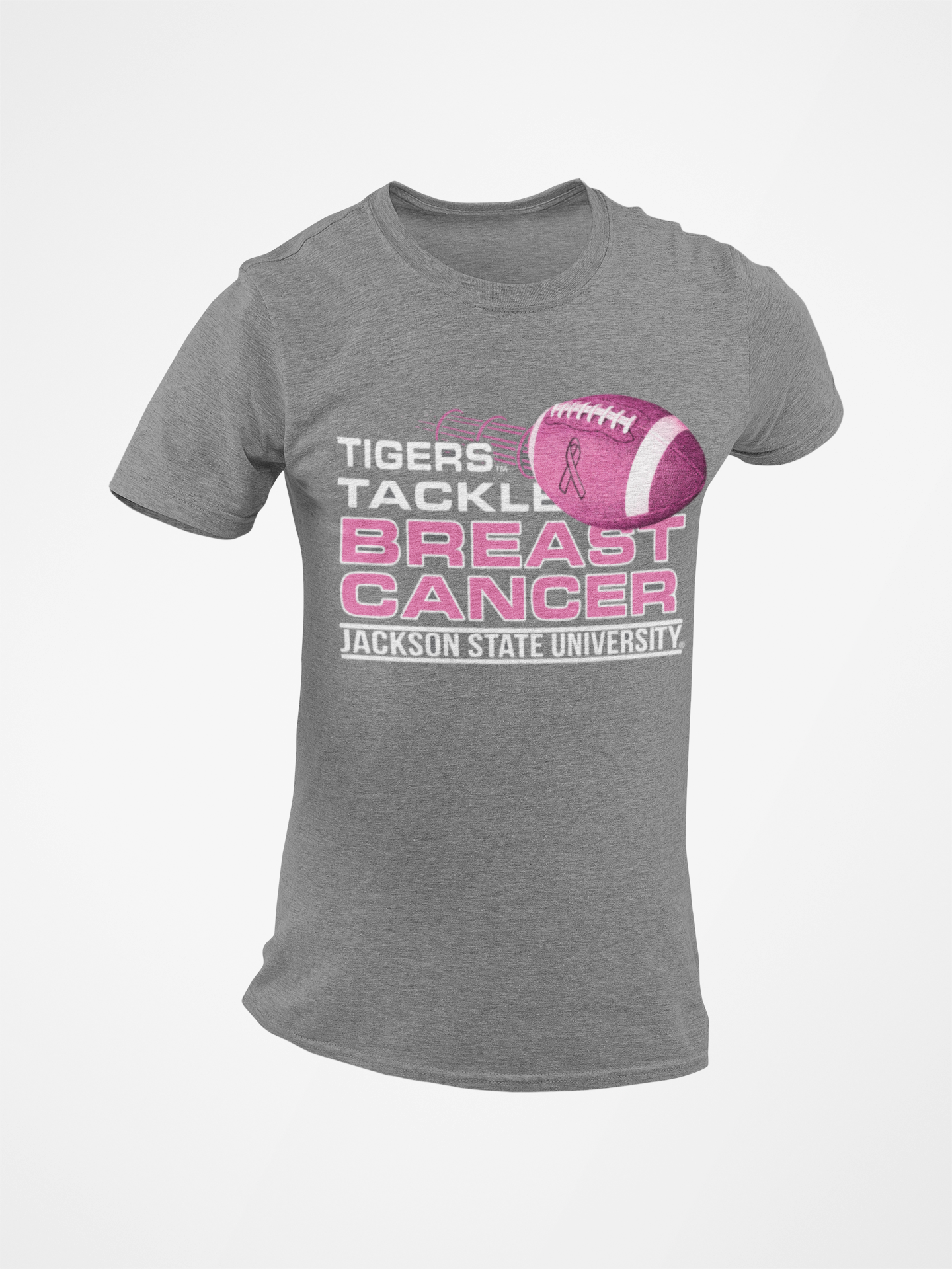 Athletic heather gray crew-neck T-shirt with “Tigers Tackle Breast Cancer” graphic