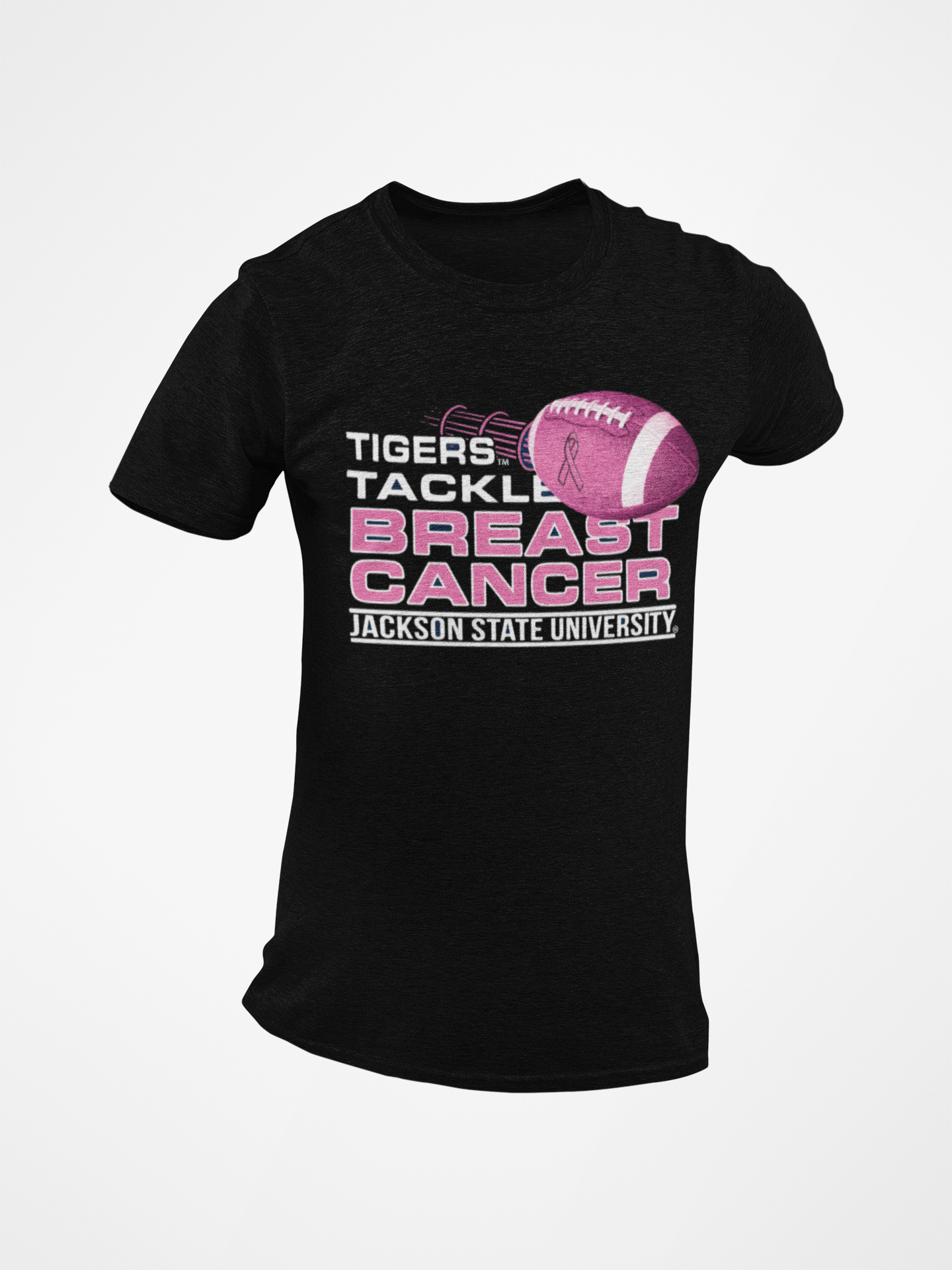 Black crew-neck T-shirt with “Tigers Tackle Breast Cancer” football and event text