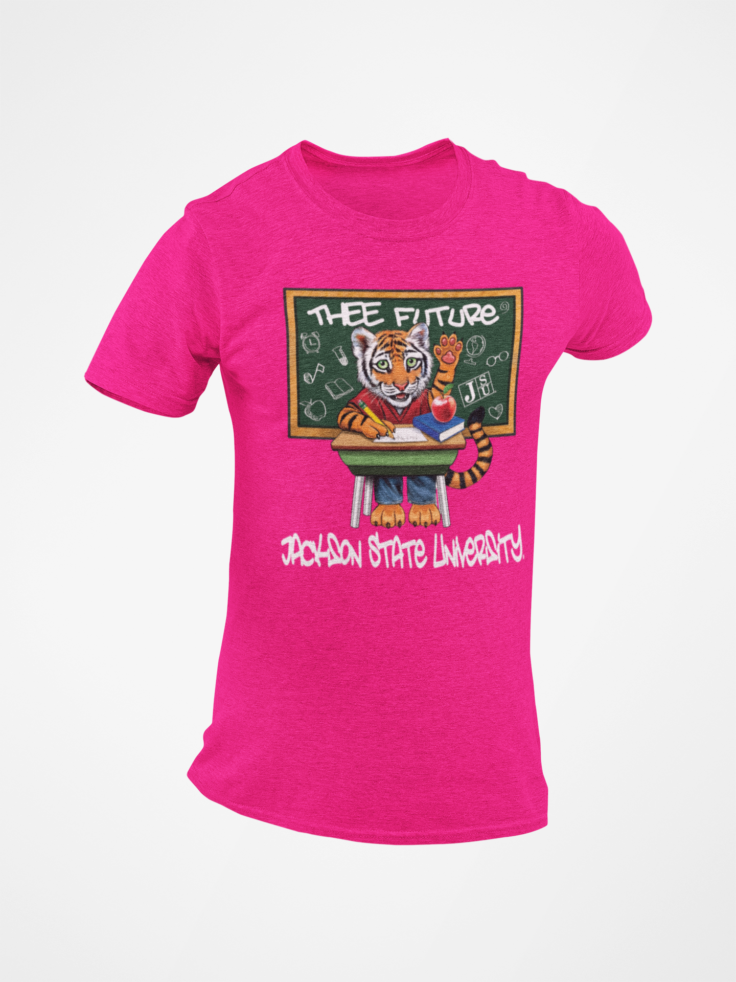 Hot pink unisex crewneck T-shirt with front “Thee Future” cartoon graphic