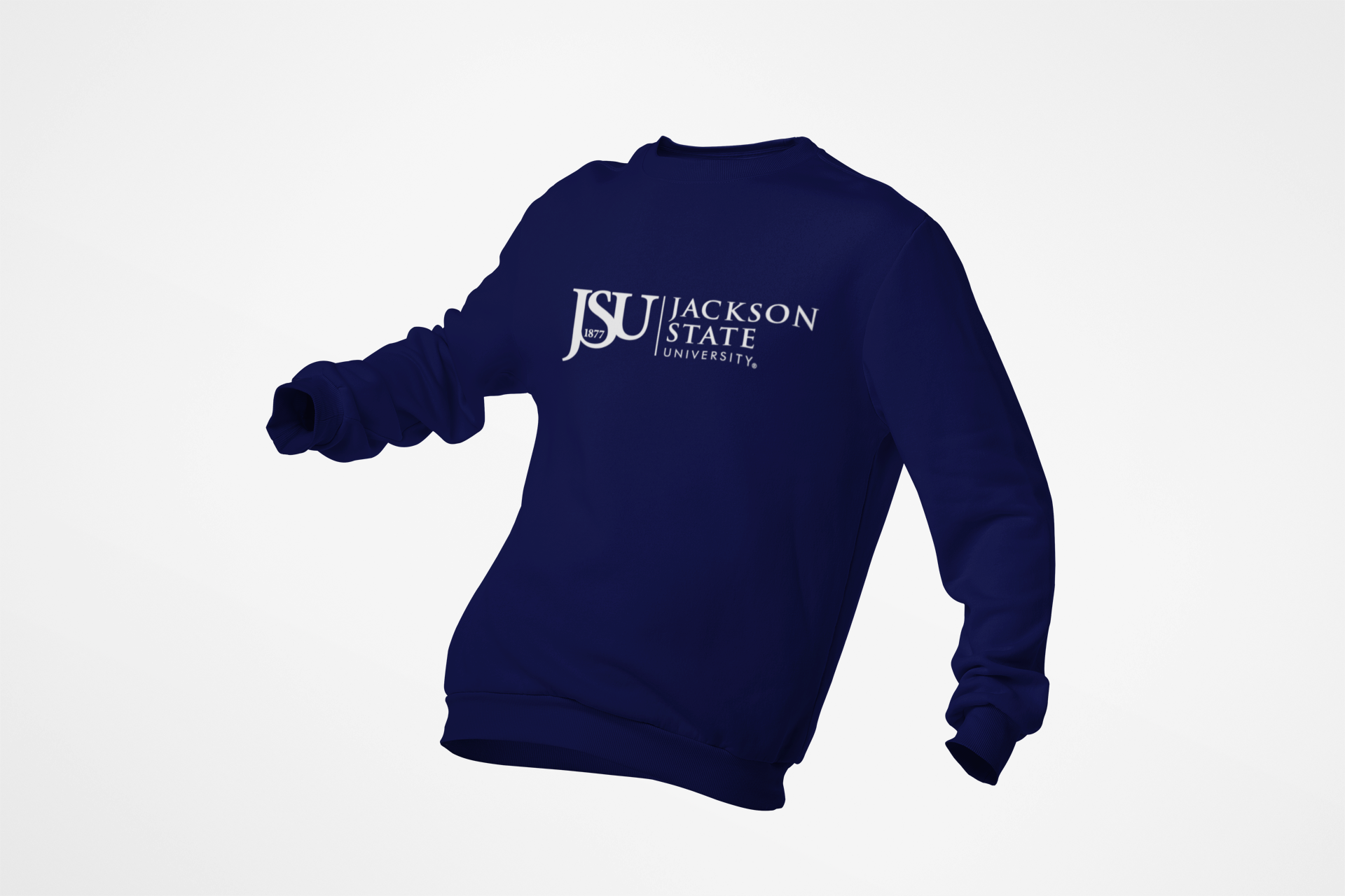 Navy unisex crewneck sweatshirt, JSU 1877 logo on back