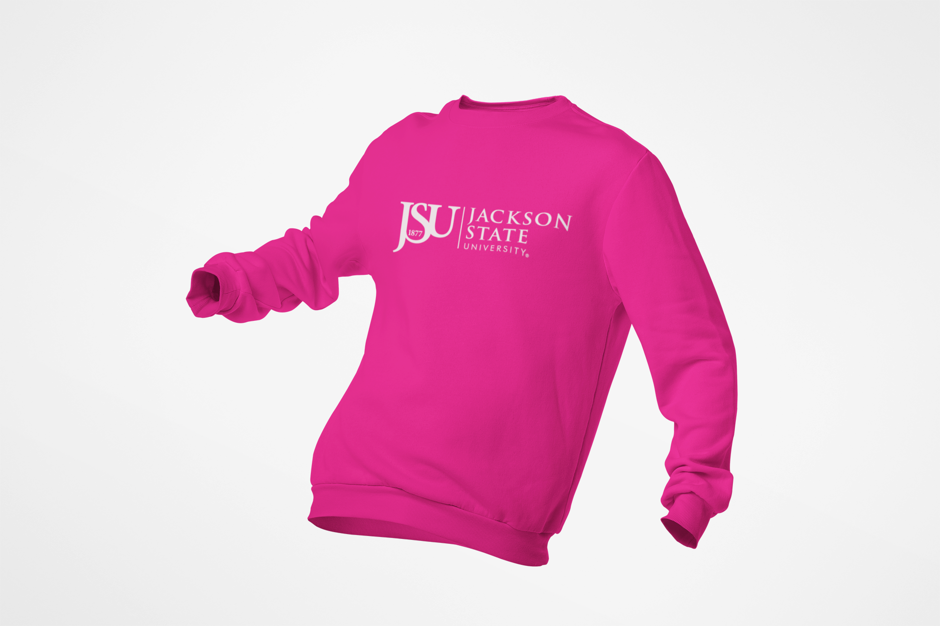 Pink unisex crewneck sweatshirt, JSU 1877 logo on back